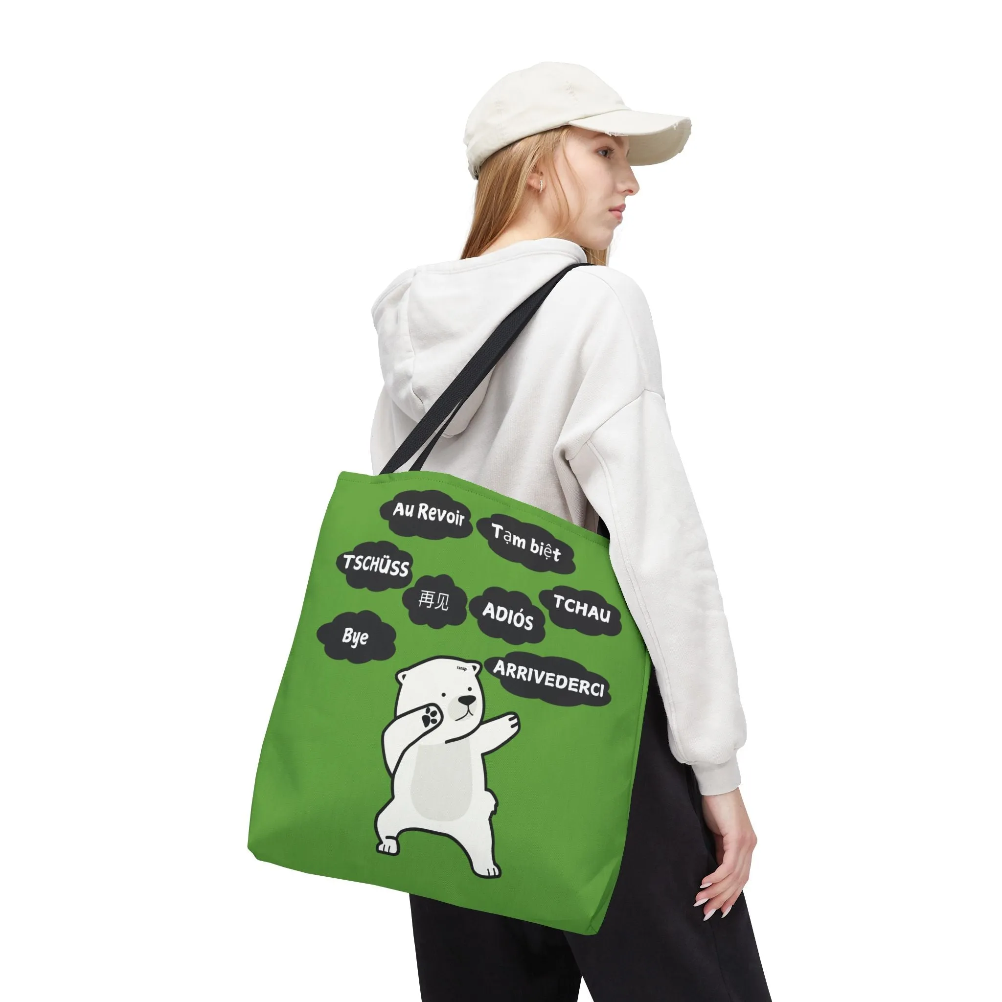 Green Multilingual Farewell Tote Bag with Dancing Bear Design- Perfect for Friendship Gifts, Bag for Shopping, Everyday Shopping bag