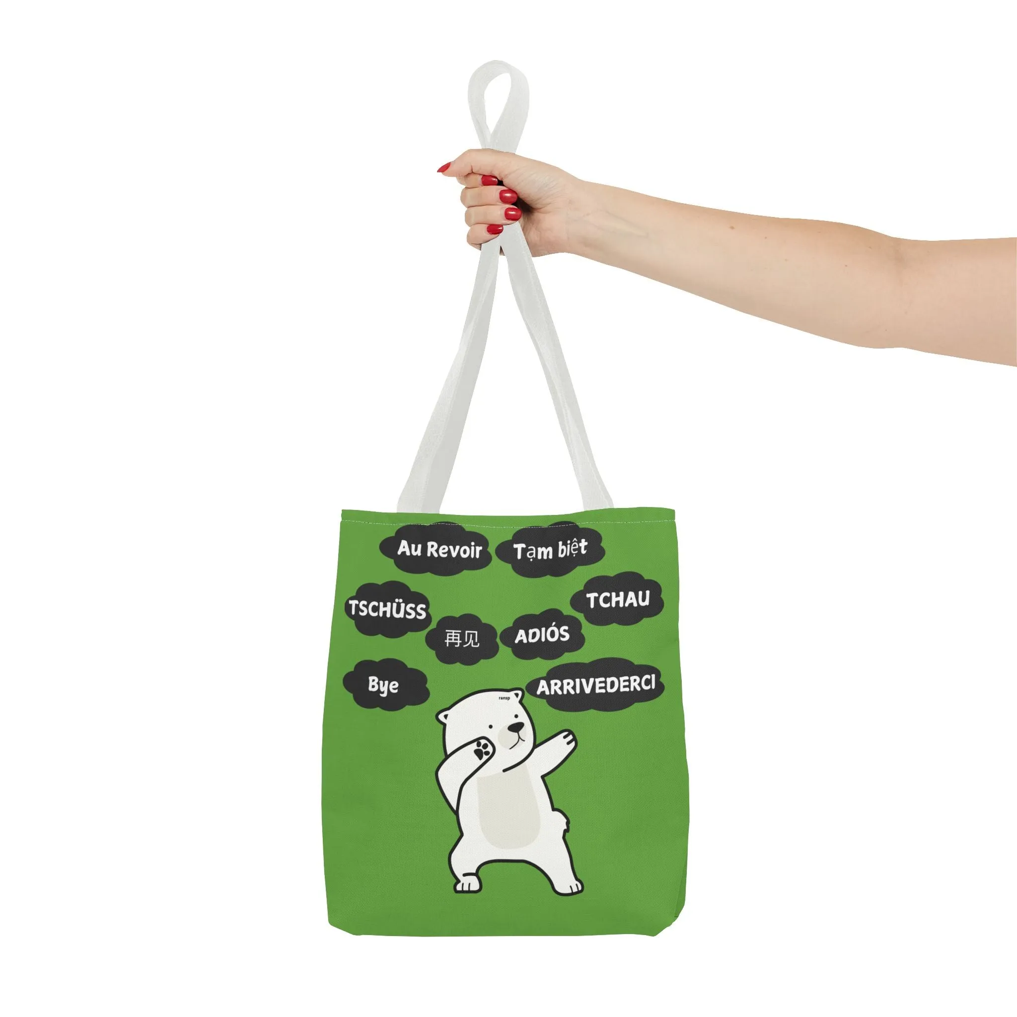 Green Multilingual Farewell Tote Bag with Dancing Bear Design- Perfect for Friendship Gifts, Bag for Shopping, Everyday Shopping bag