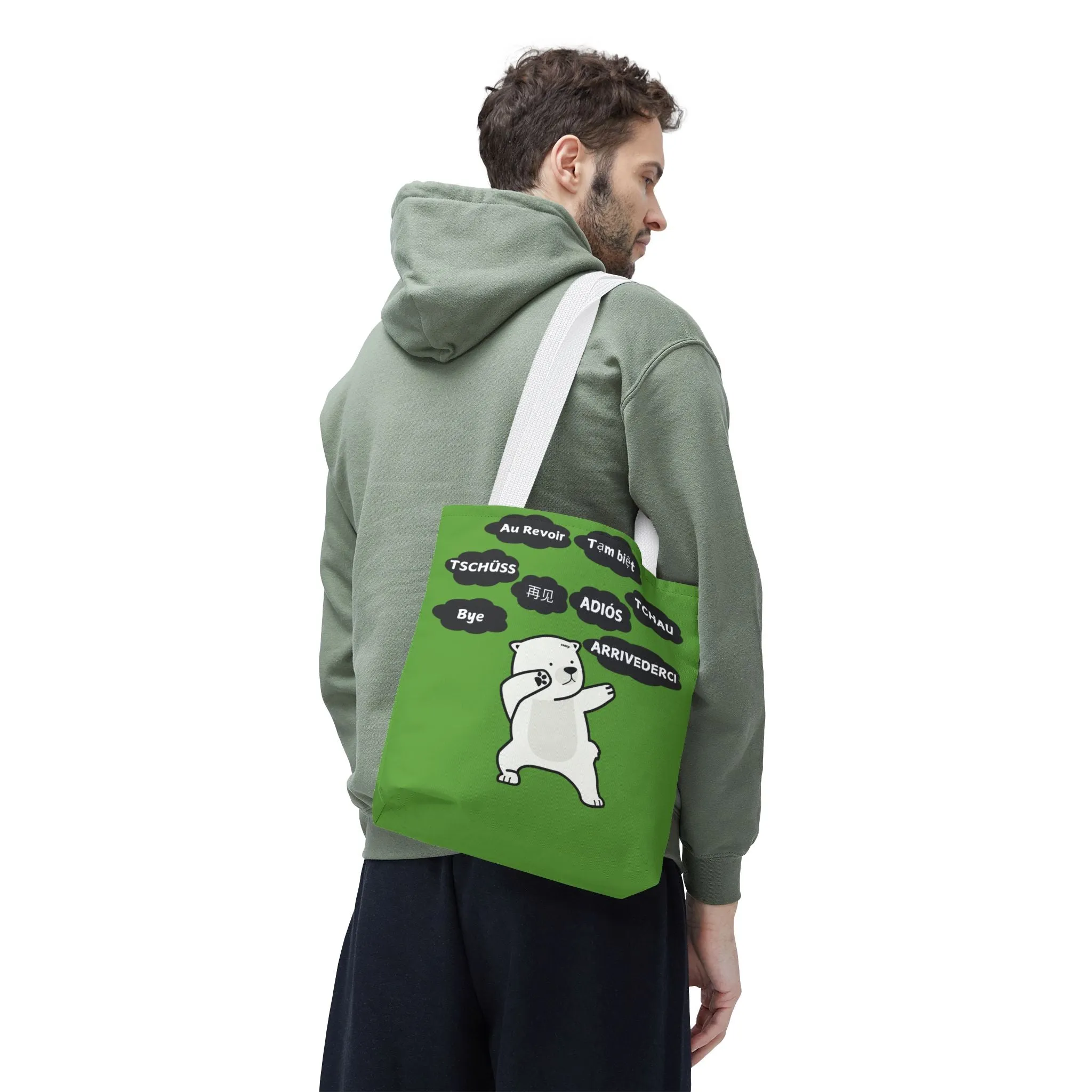 Green Multilingual Farewell Tote Bag with Dancing Bear Design- Perfect for Friendship Gifts, Bag for Shopping, Everyday Shopping bag