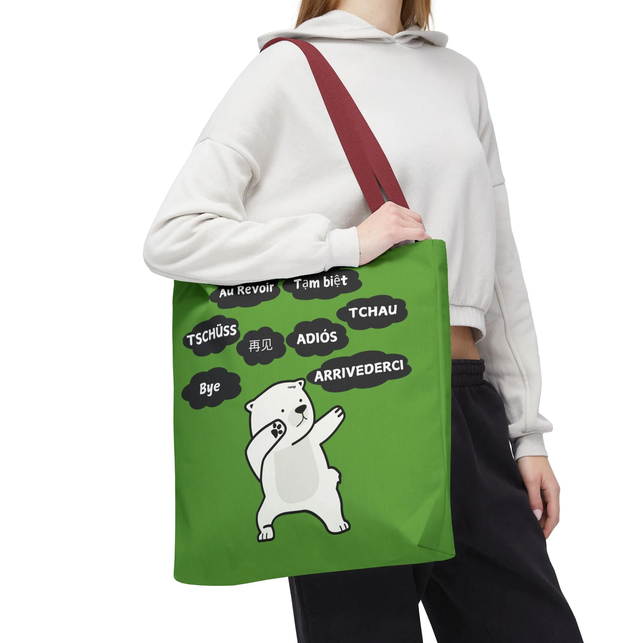 Green Multilingual Farewell Tote Bag with Dancing Bear Design- Perfect for Friendship Gifts, Bag for Shopping, Everyday Shopping bag