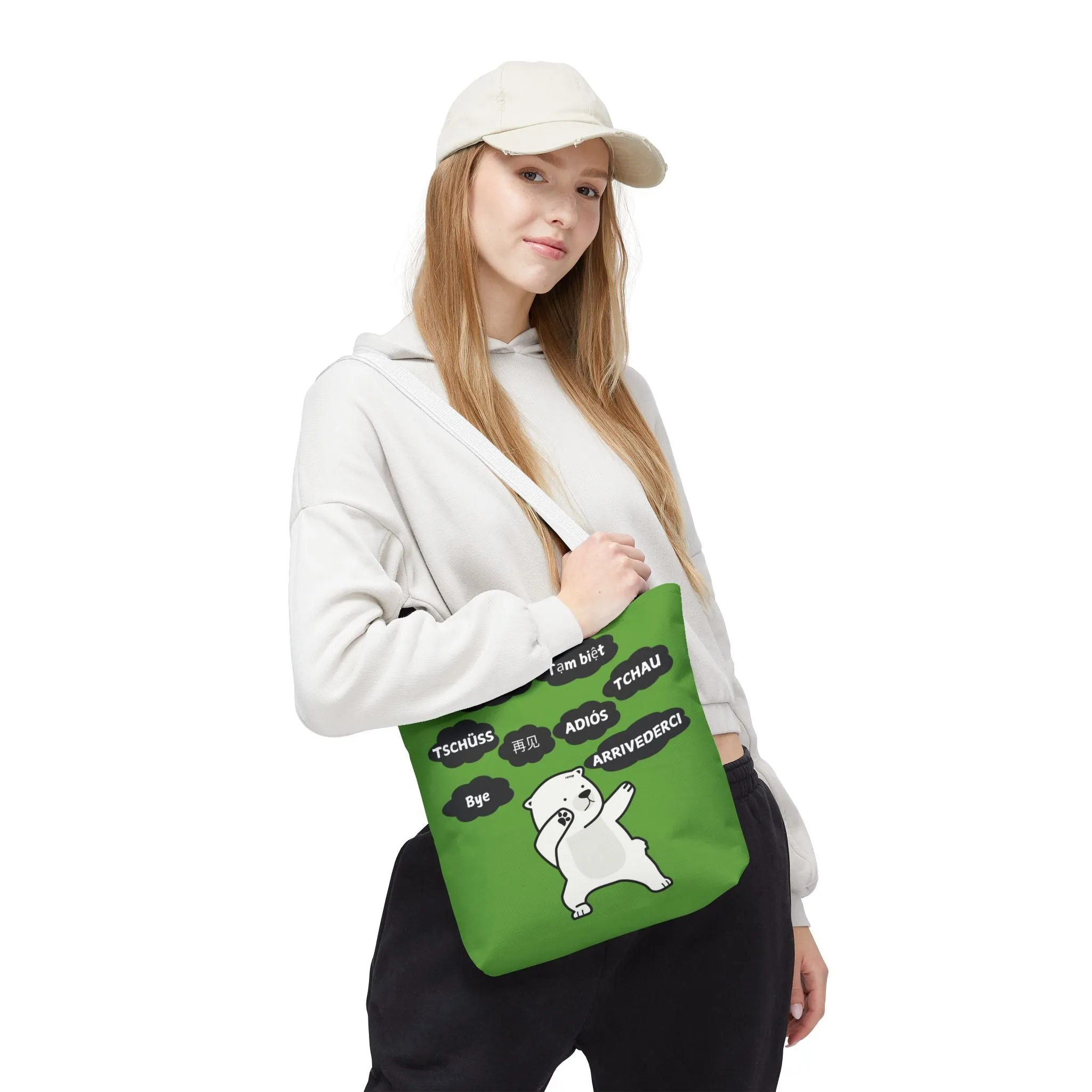 Green Multilingual Farewell Tote Bag with Dancing Bear Design- Perfect for Friendship Gifts, Bag for Shopping, Everyday Shopping bag