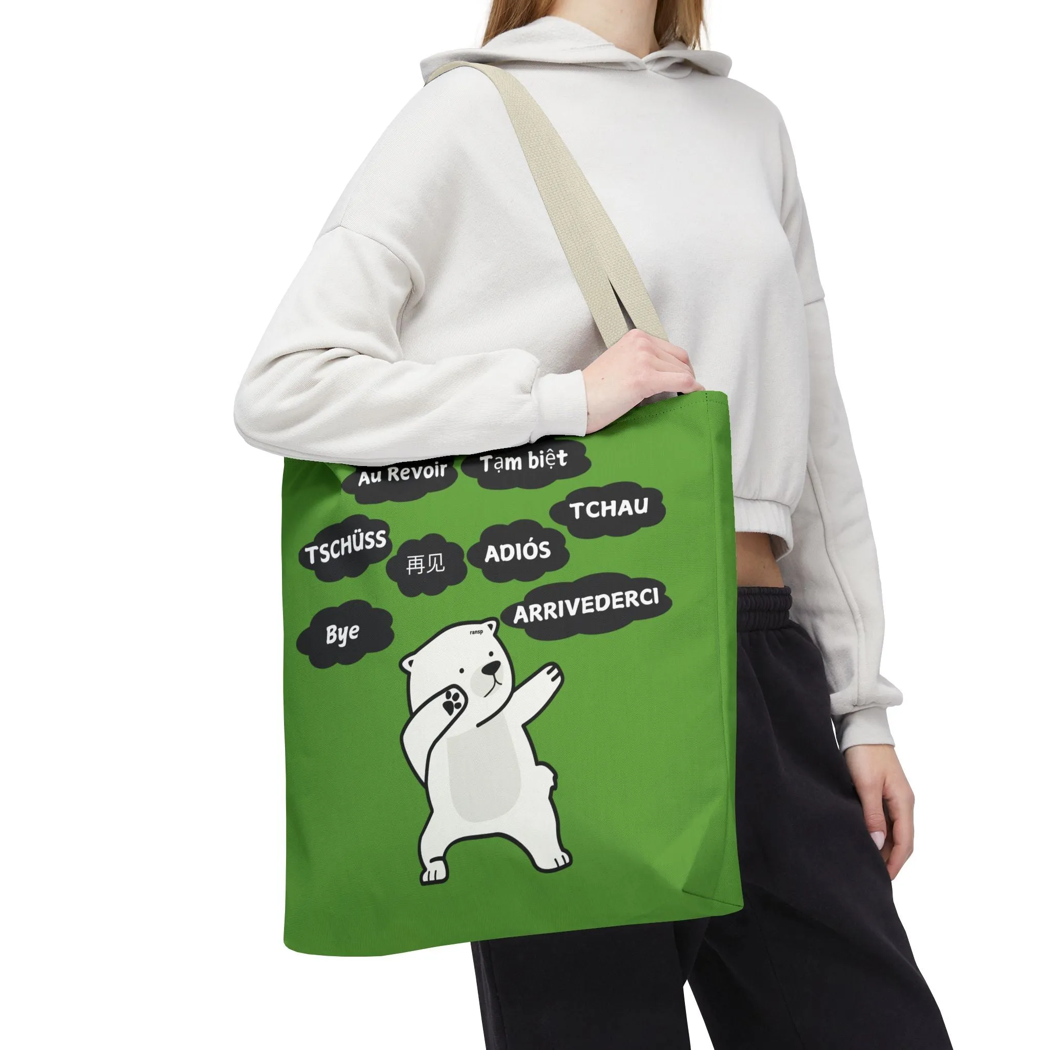 Green Multilingual Farewell Tote Bag with Dancing Bear Design- Perfect for Friendship Gifts, Bag for Shopping, Everyday Shopping bag