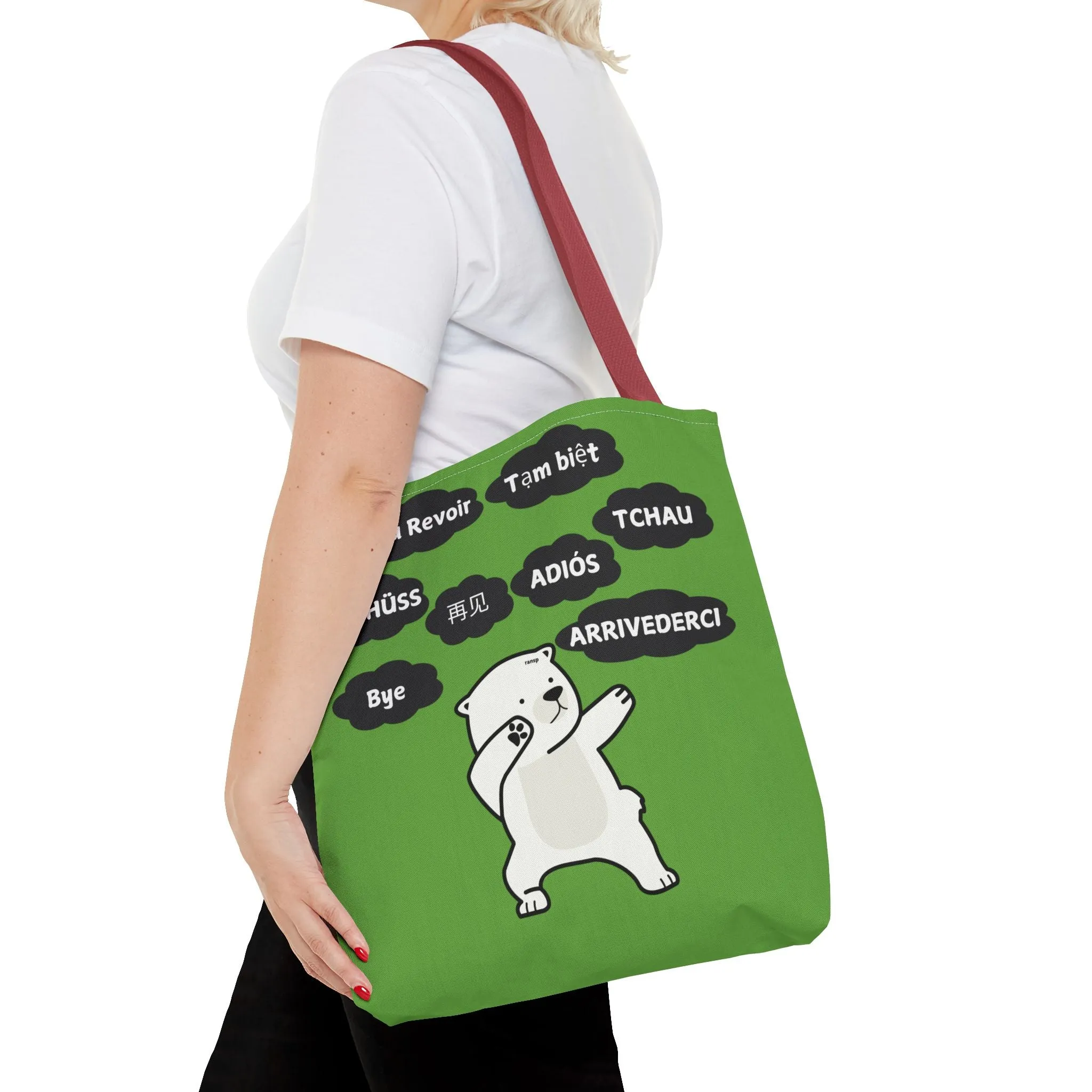 Green Multilingual Farewell Tote Bag with Dancing Bear Design- Perfect for Friendship Gifts, Bag for Shopping, Everyday Shopping bag