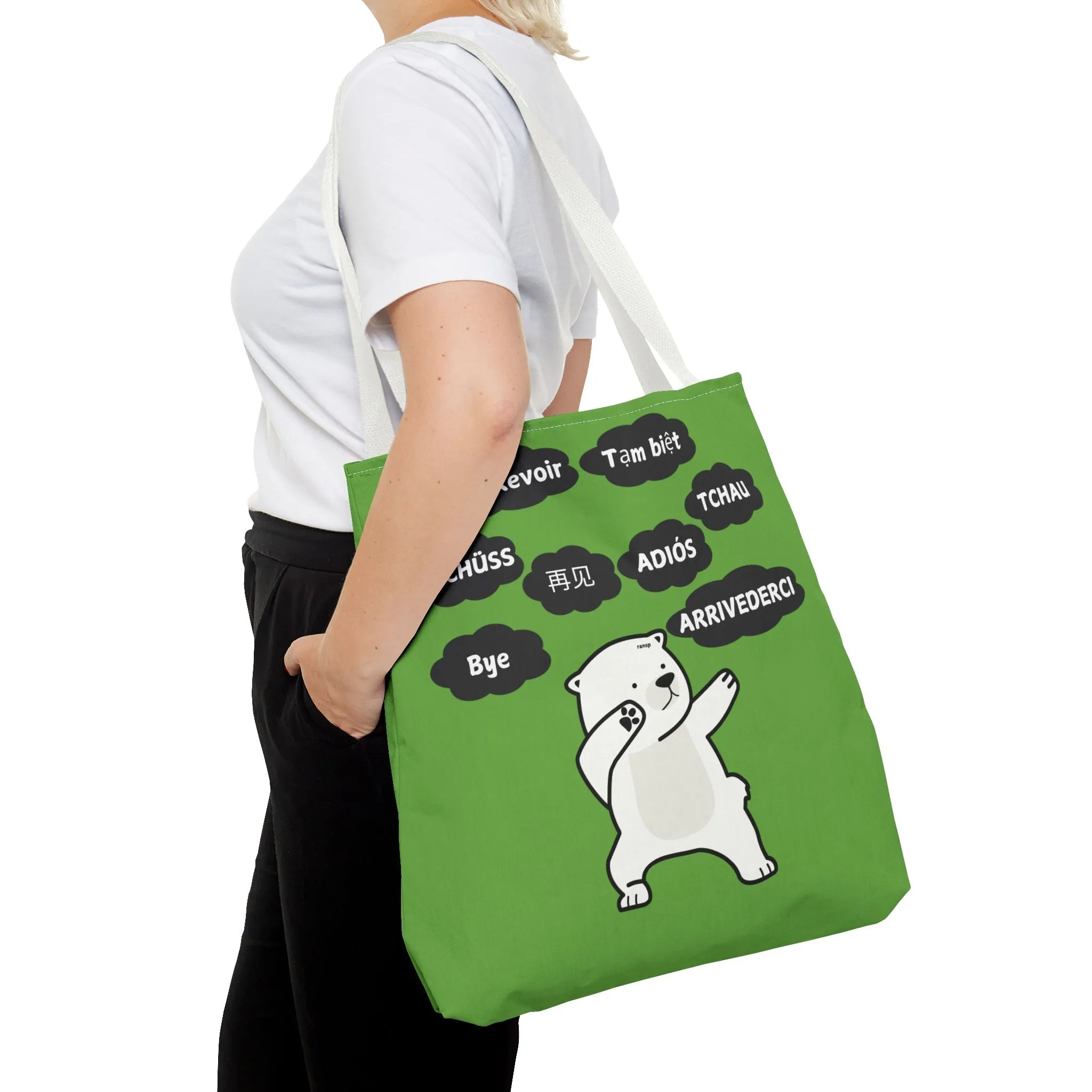 Green Multilingual Farewell Tote Bag with Dancing Bear Design- Perfect for Friendship Gifts, Bag for Shopping, Everyday Shopping bag