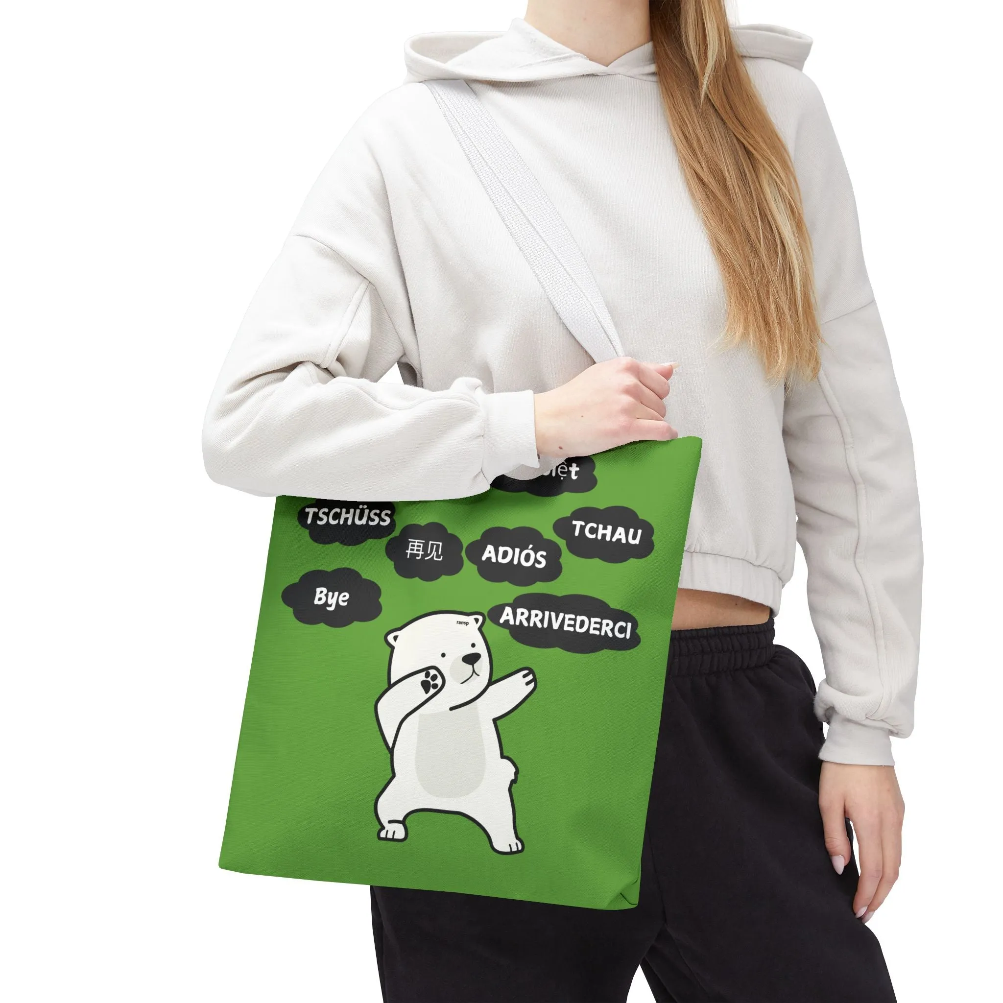 Green Multilingual Farewell Tote Bag with Dancing Bear Design- Perfect for Friendship Gifts, Bag for Shopping, Everyday Shopping bag