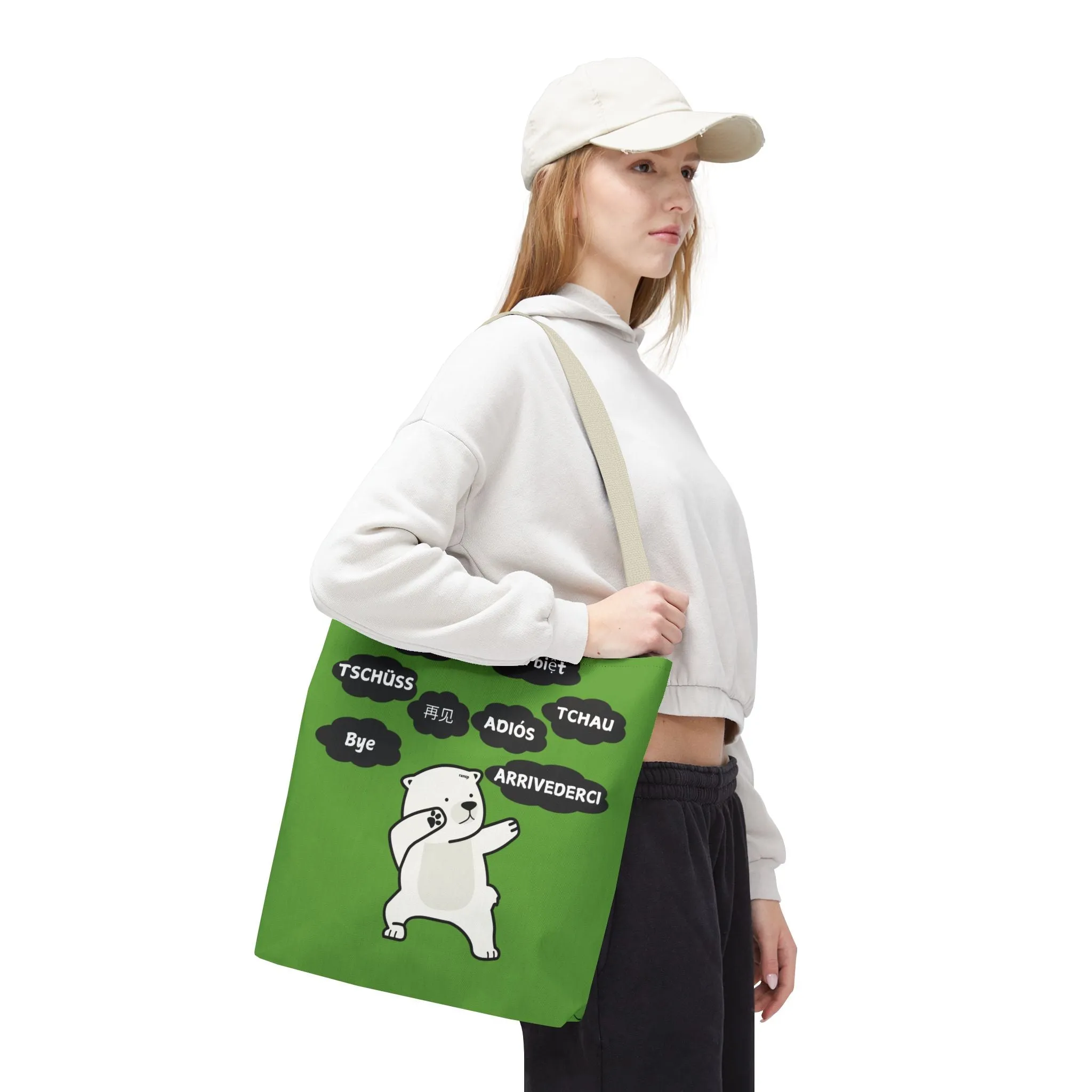 Green Multilingual Farewell Tote Bag with Dancing Bear Design- Perfect for Friendship Gifts, Bag for Shopping, Everyday Shopping bag