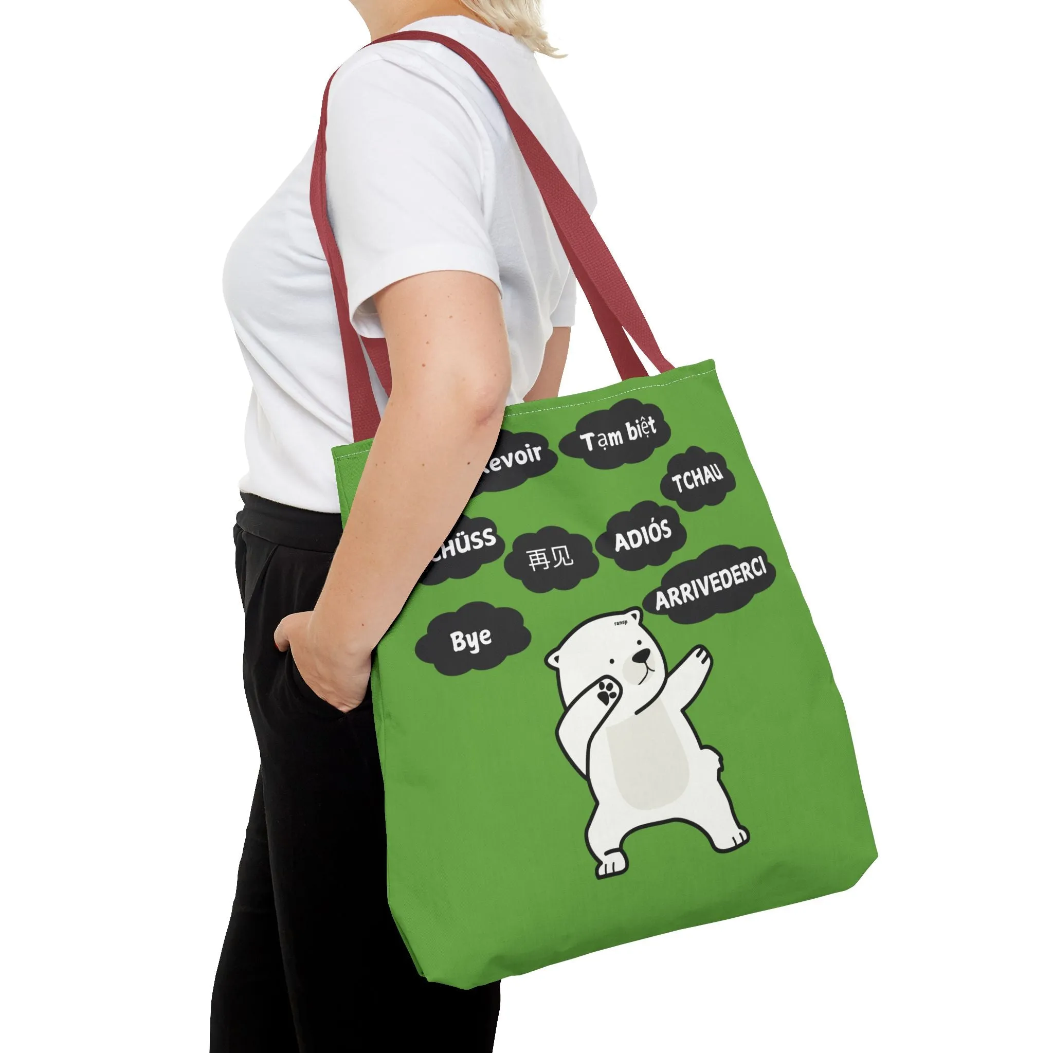Green Multilingual Farewell Tote Bag with Dancing Bear Design- Perfect for Friendship Gifts, Bag for Shopping, Everyday Shopping bag