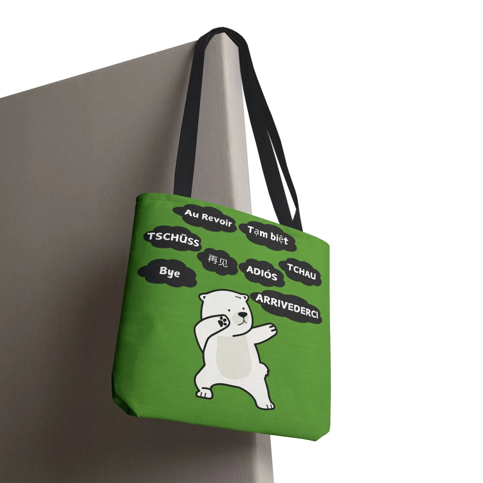 Green Multilingual Farewell Tote Bag with Dancing Bear Design- Perfect for Friendship Gifts, Bag for Shopping, Everyday Shopping bag