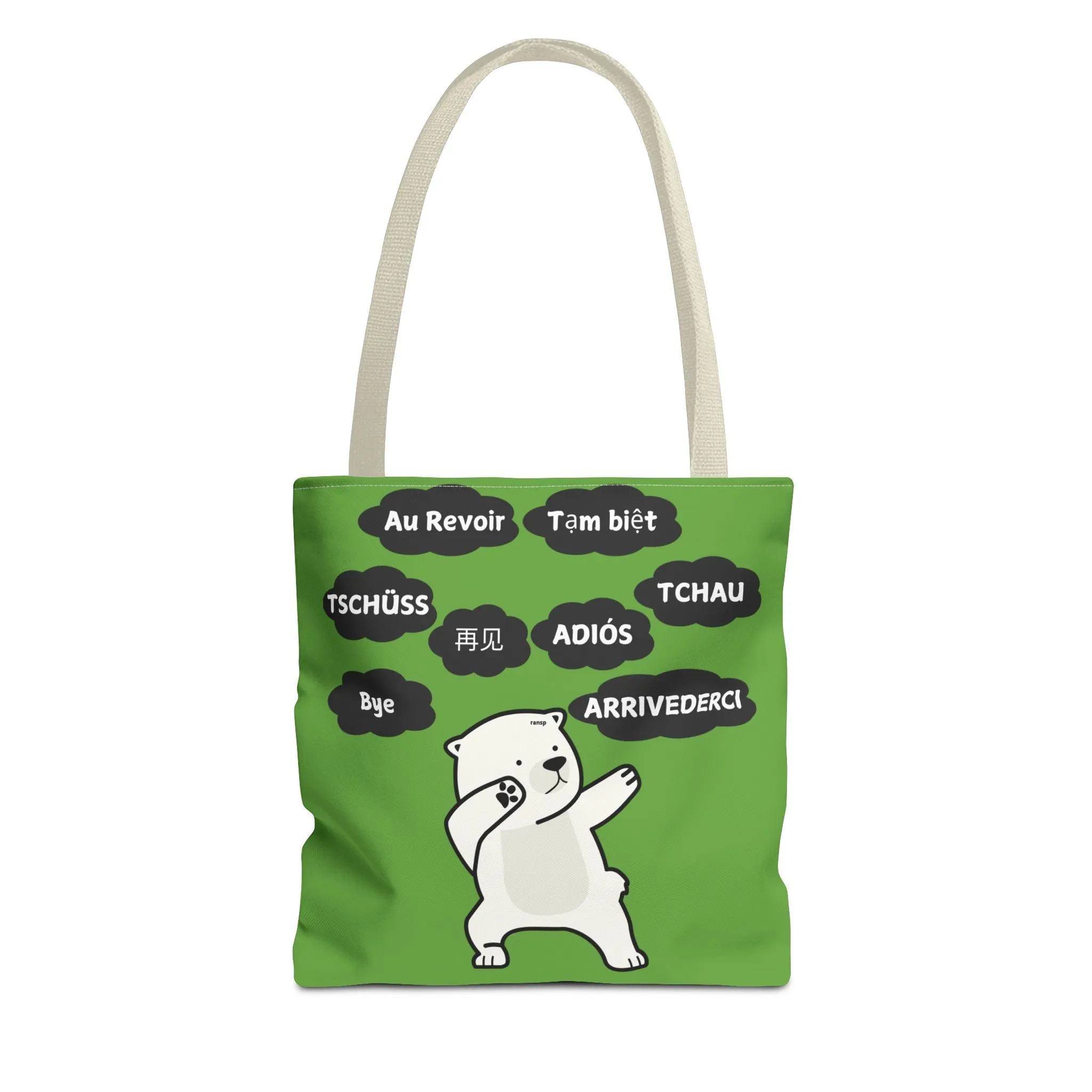 Green Multilingual Farewell Tote Bag with Dancing Bear Design- Perfect for Friendship Gifts, Bag for Shopping, Everyday Shopping bag
