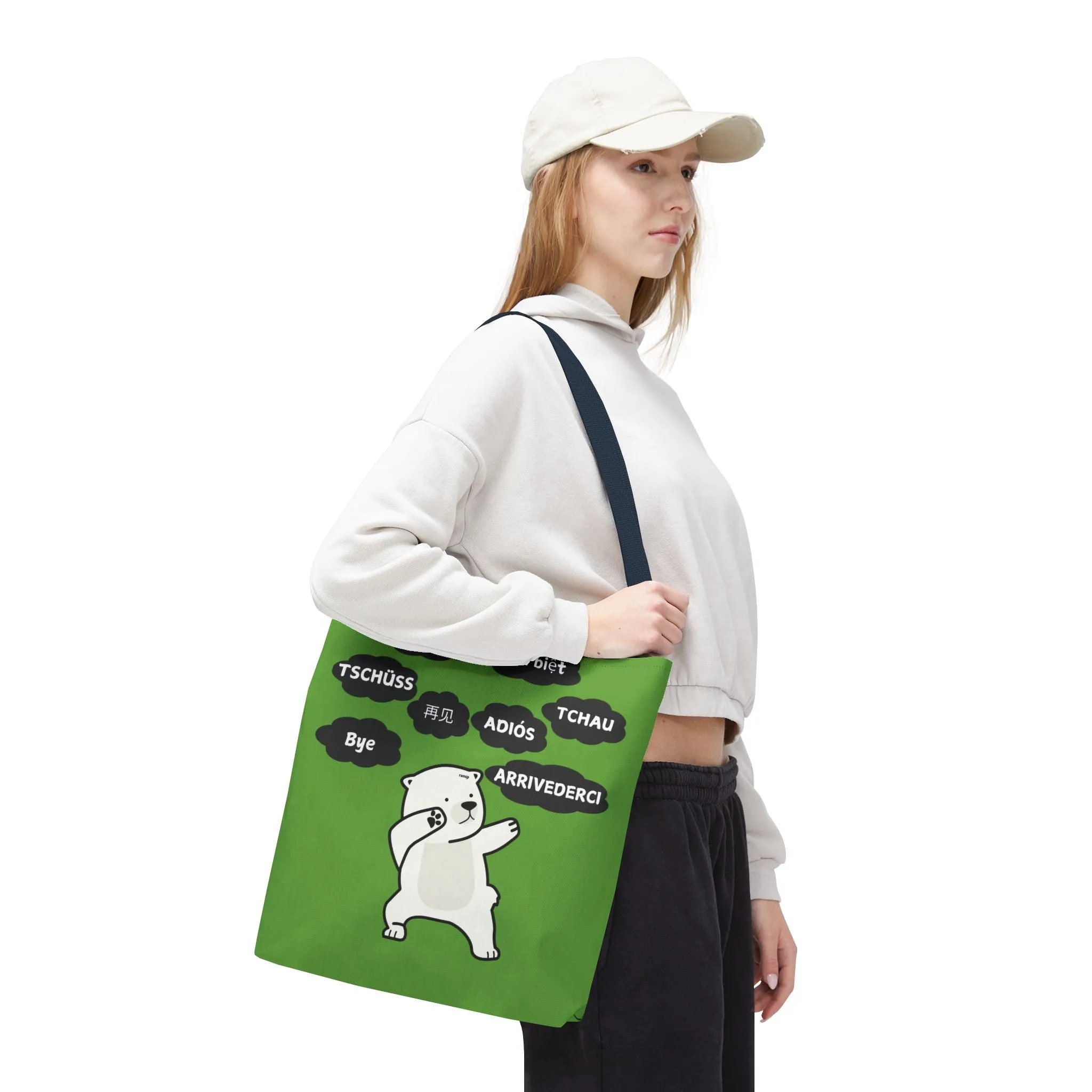 Green Multilingual Farewell Tote Bag with Dancing Bear Design- Perfect for Friendship Gifts, Bag for Shopping, Everyday Shopping bag