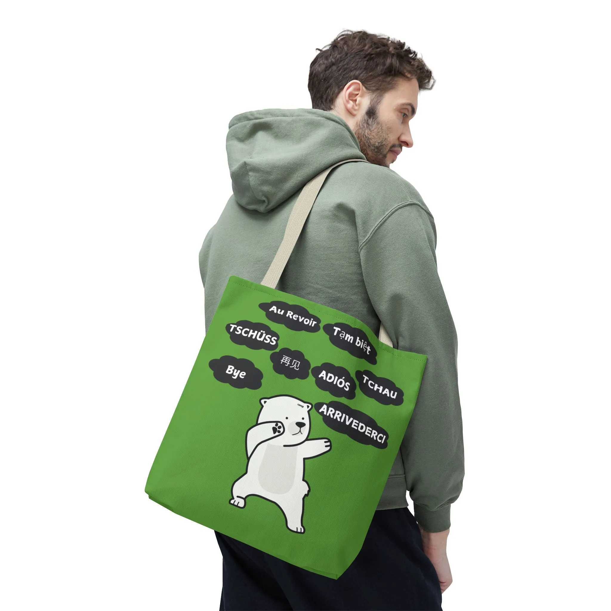 Green Multilingual Farewell Tote Bag with Dancing Bear Design- Perfect for Friendship Gifts, Bag for Shopping, Everyday Shopping bag