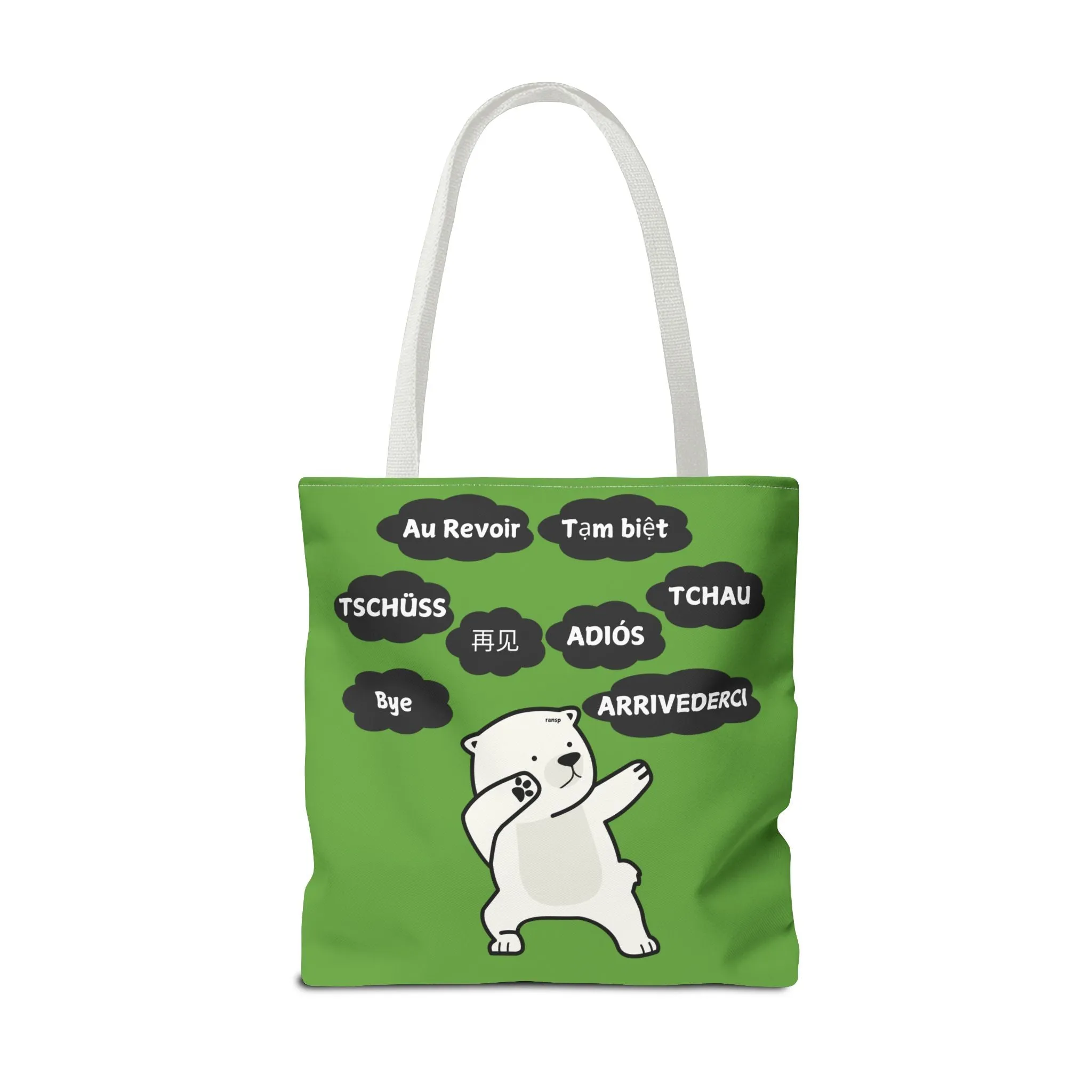Green Multilingual Farewell Tote Bag with Dancing Bear Design- Perfect for Friendship Gifts, Bag for Shopping, Everyday Shopping bag