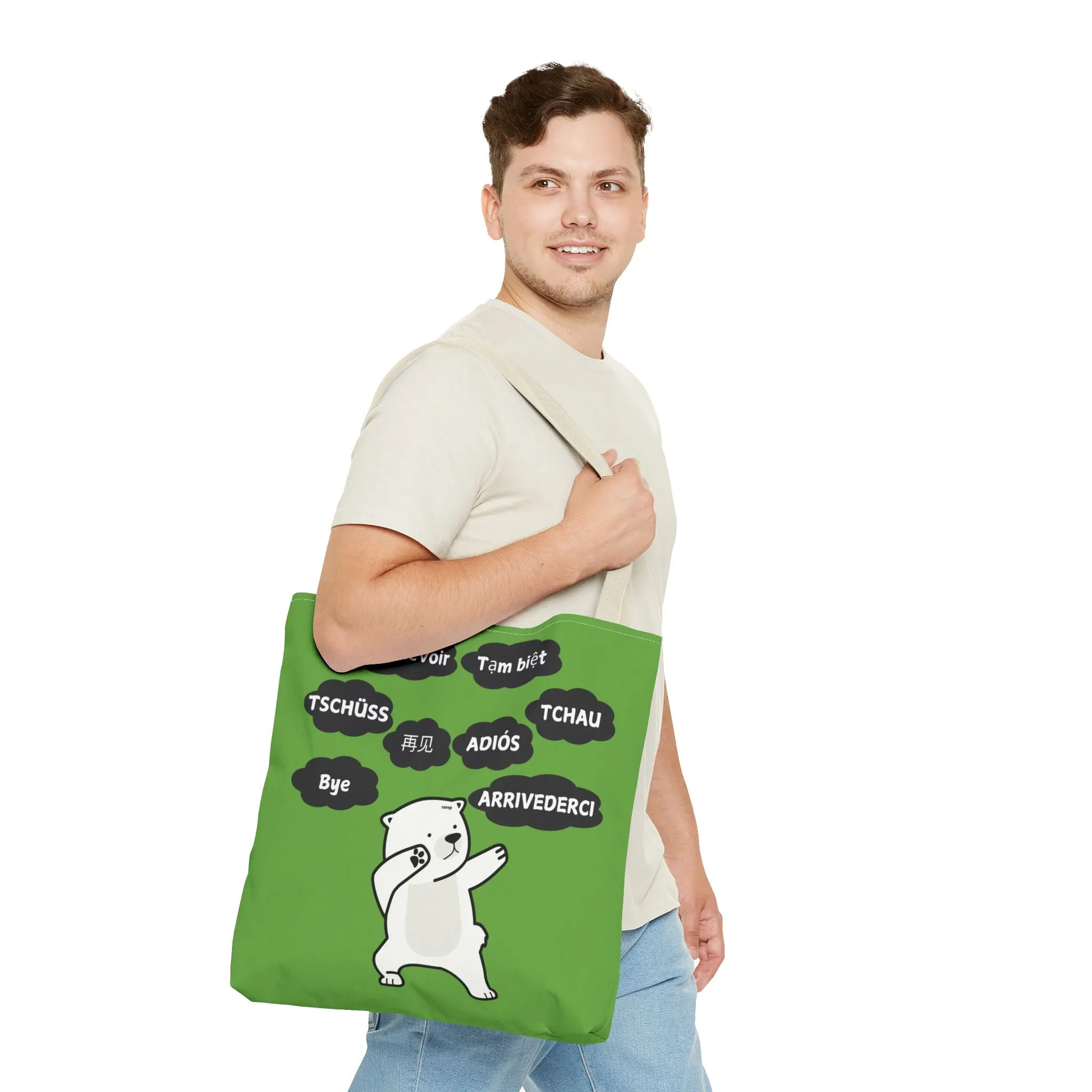 Green Multilingual Farewell Tote Bag with Dancing Bear Design- Perfect for Friendship Gifts, Bag for Shopping, Everyday Shopping bag