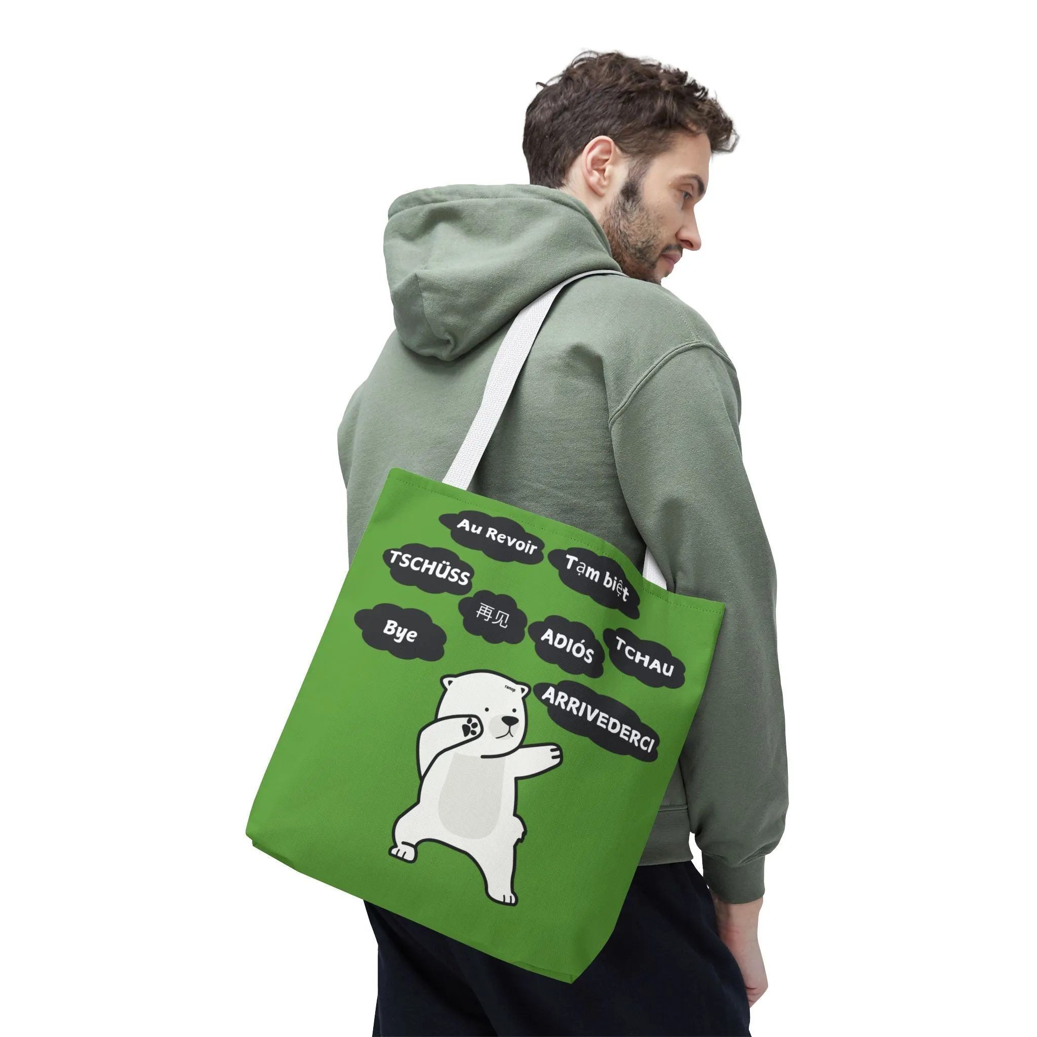 Green Multilingual Farewell Tote Bag with Dancing Bear Design- Perfect for Friendship Gifts, Bag for Shopping, Everyday Shopping bag