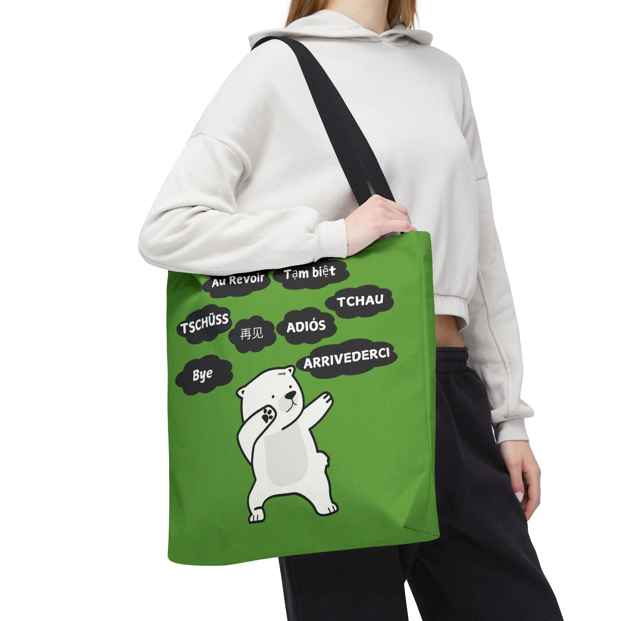 Green Multilingual Farewell Tote Bag with Dancing Bear Design- Perfect for Friendship Gifts, Bag for Shopping, Everyday Shopping bag
