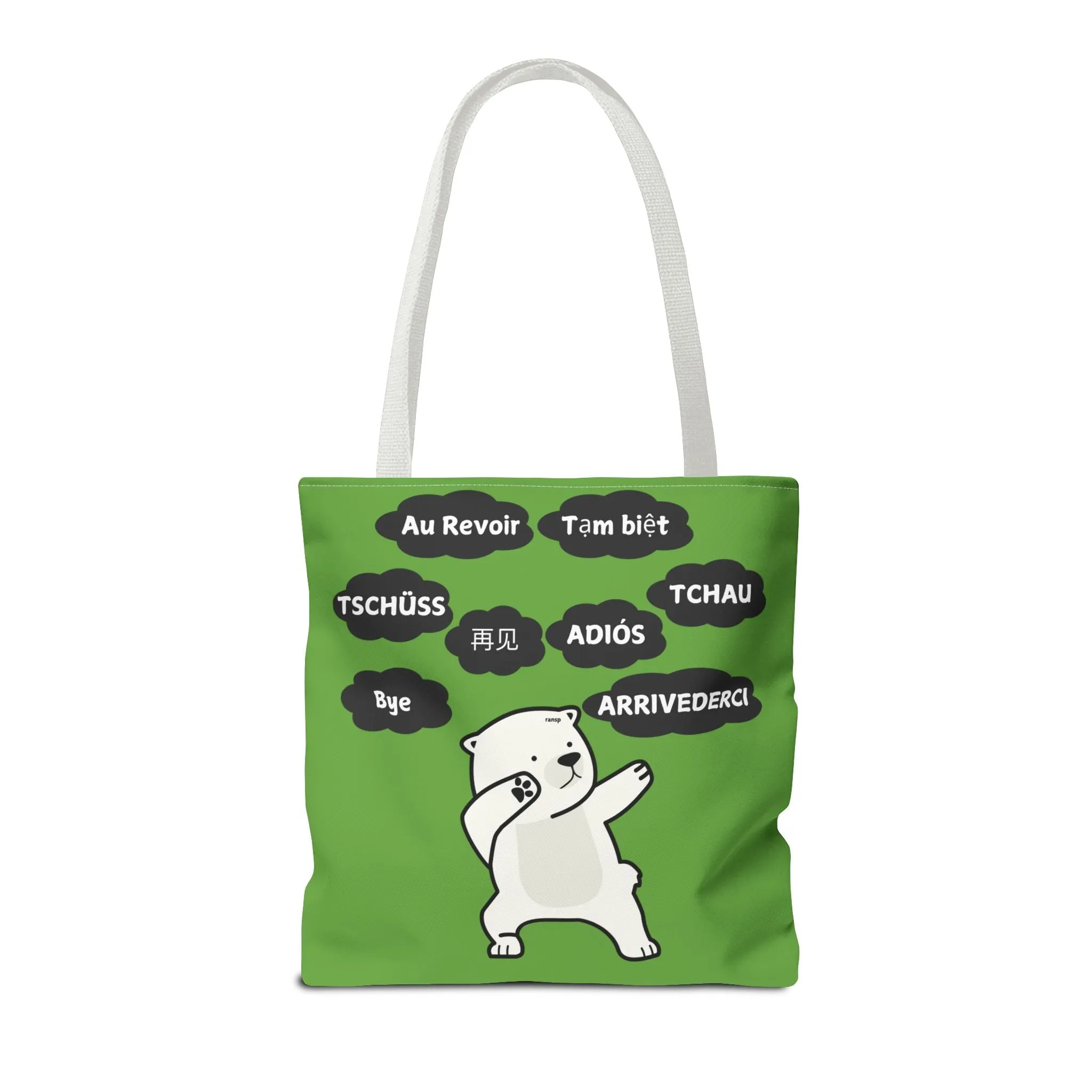 Green Multilingual Farewell Tote Bag with Dancing Bear Design- Perfect for Friendship Gifts, Bag for Shopping, Everyday Shopping bag