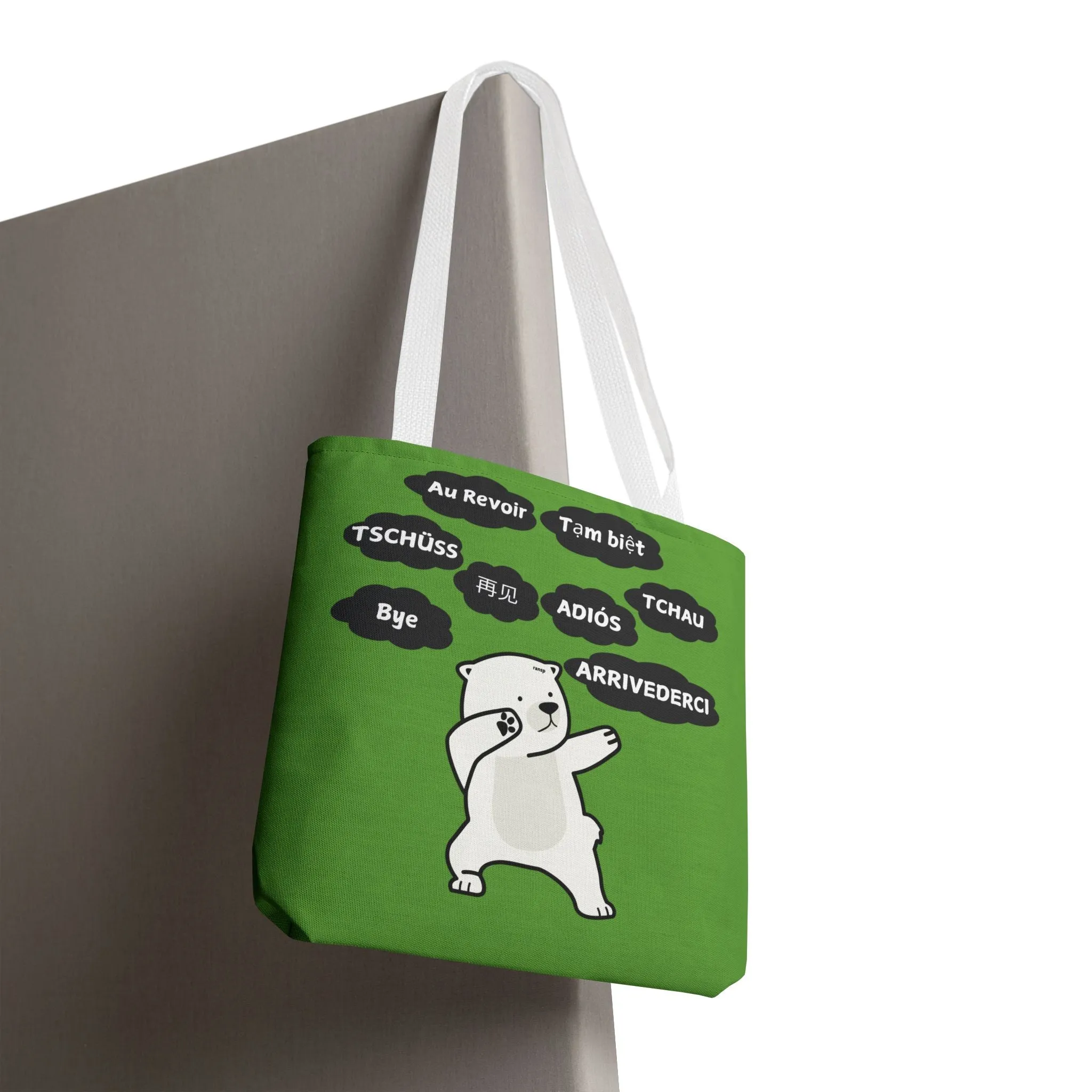 Green Multilingual Farewell Tote Bag with Dancing Bear Design- Perfect for Friendship Gifts, Bag for Shopping, Everyday Shopping bag