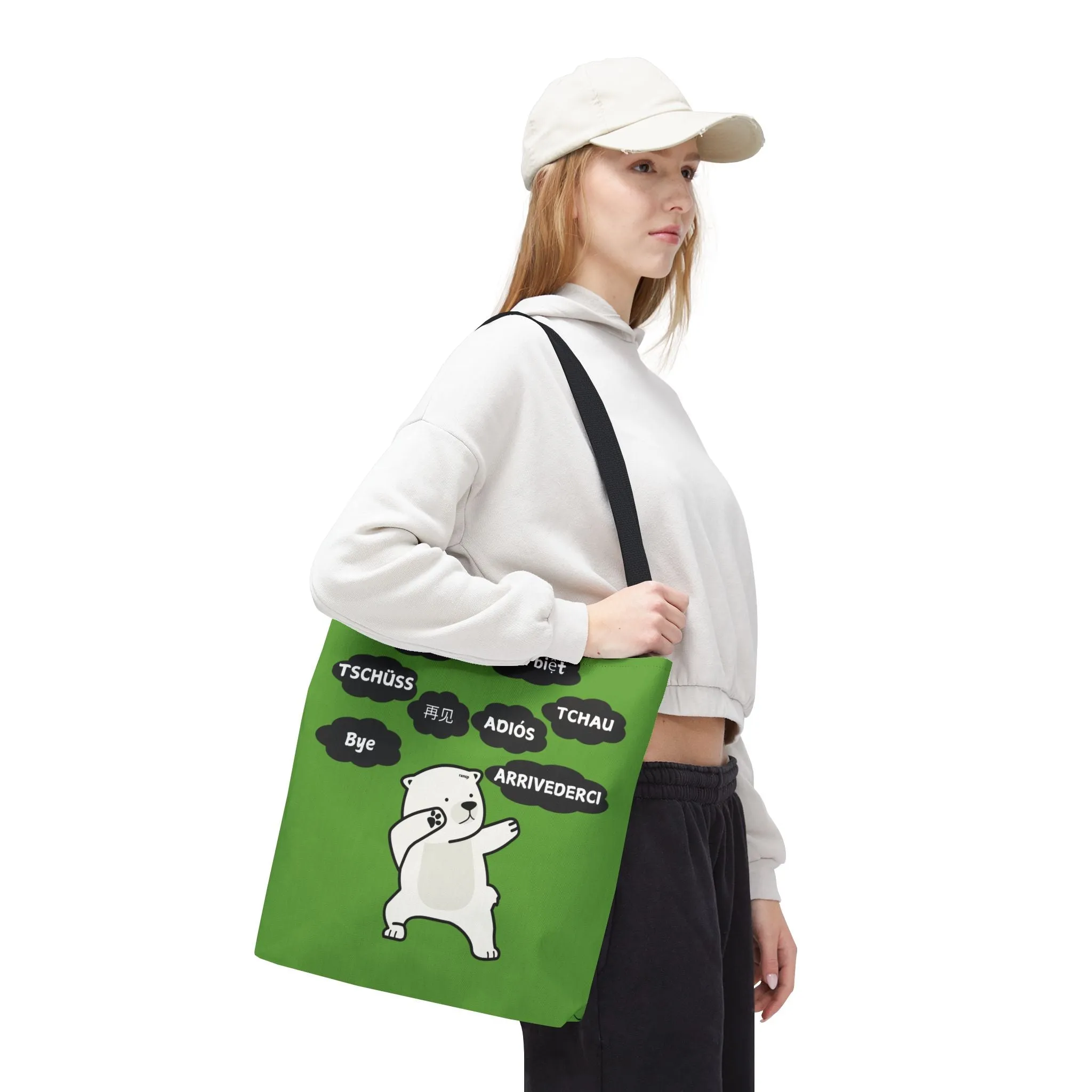 Green Multilingual Farewell Tote Bag with Dancing Bear Design- Perfect for Friendship Gifts, Bag for Shopping, Everyday Shopping bag