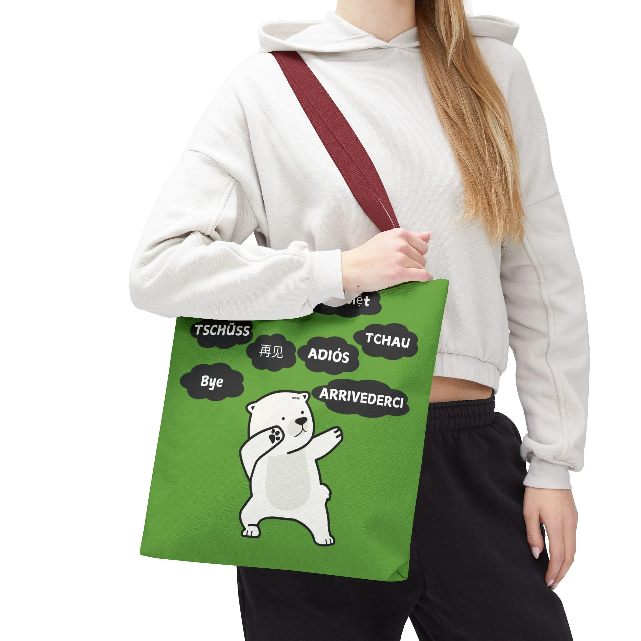 Green Multilingual Farewell Tote Bag with Dancing Bear Design- Perfect for Friendship Gifts, Bag for Shopping, Everyday Shopping bag
