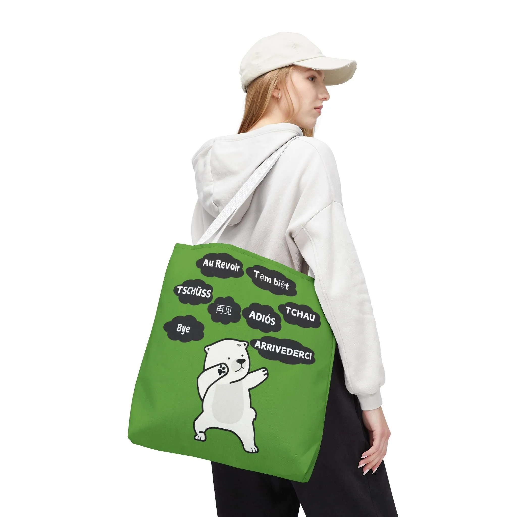 Green Multilingual Farewell Tote Bag with Dancing Bear Design- Perfect for Friendship Gifts, Bag for Shopping, Everyday Shopping bag