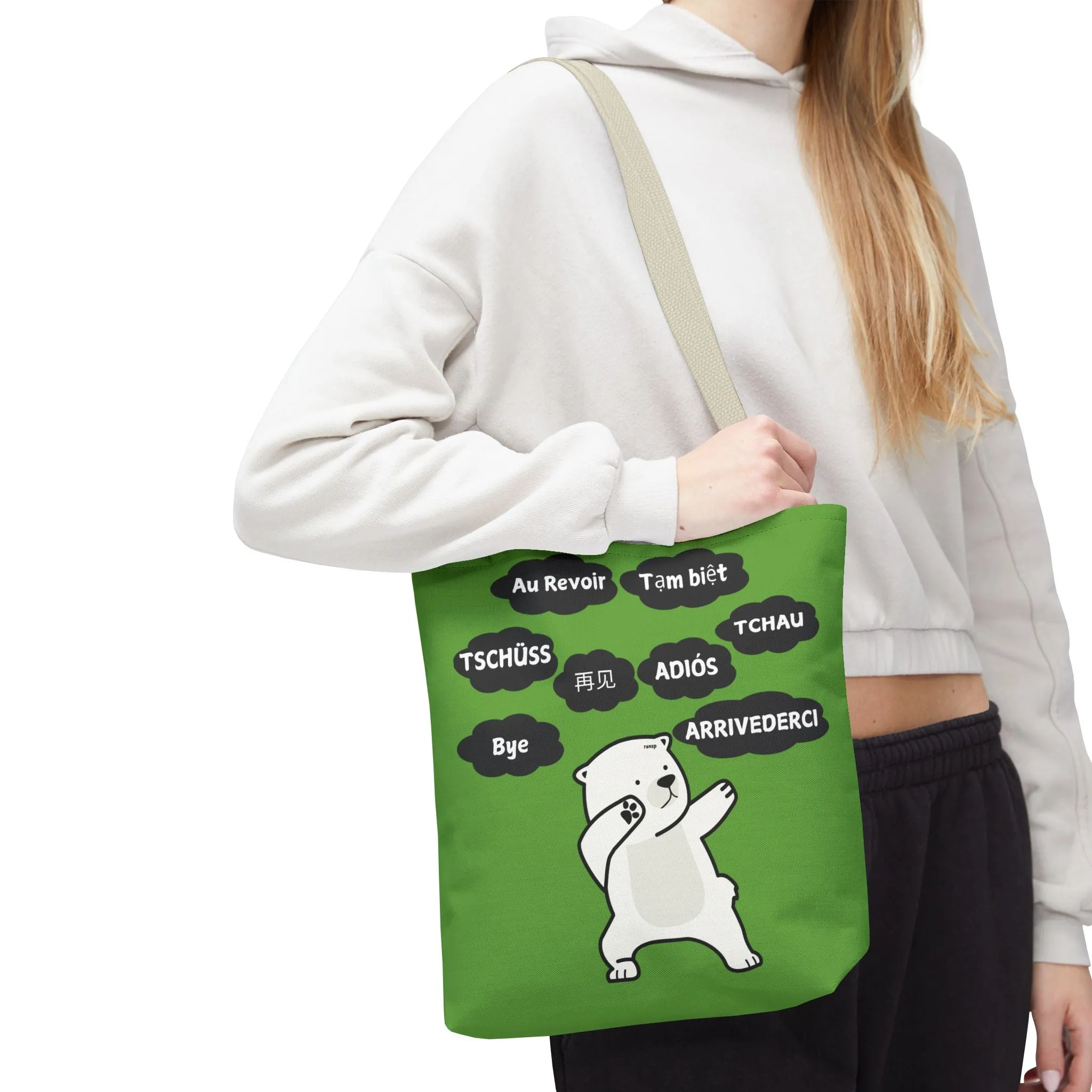 Green Multilingual Farewell Tote Bag with Dancing Bear Design- Perfect for Friendship Gifts, Bag for Shopping, Everyday Shopping bag