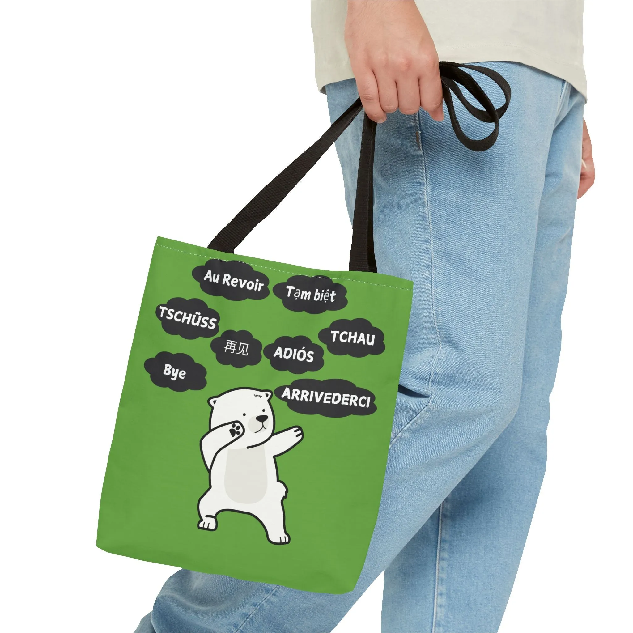 Green Multilingual Farewell Tote Bag with Dancing Bear Design- Perfect for Friendship Gifts, Bag for Shopping, Everyday Shopping bag