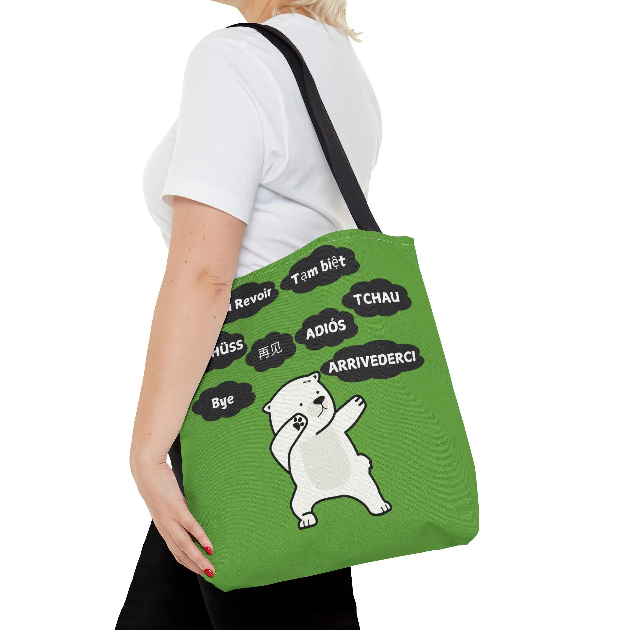 Green Multilingual Farewell Tote Bag with Dancing Bear Design- Perfect for Friendship Gifts, Bag for Shopping, Everyday Shopping bag