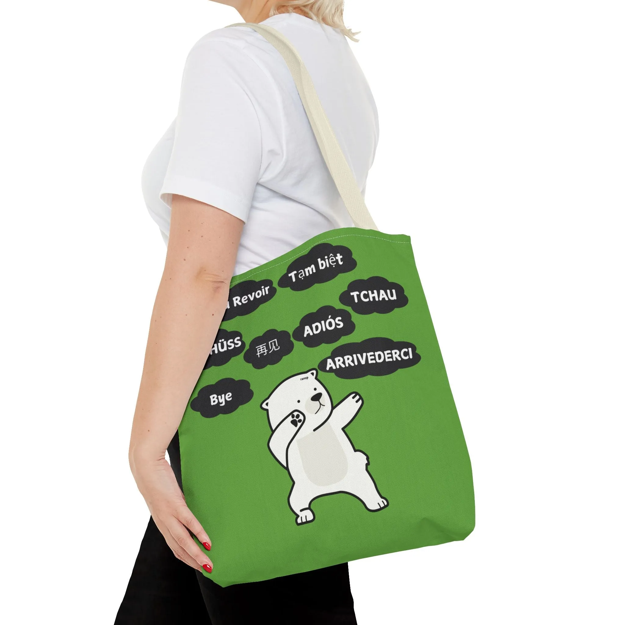 Green Multilingual Farewell Tote Bag with Dancing Bear Design- Perfect for Friendship Gifts, Bag for Shopping, Everyday Shopping bag