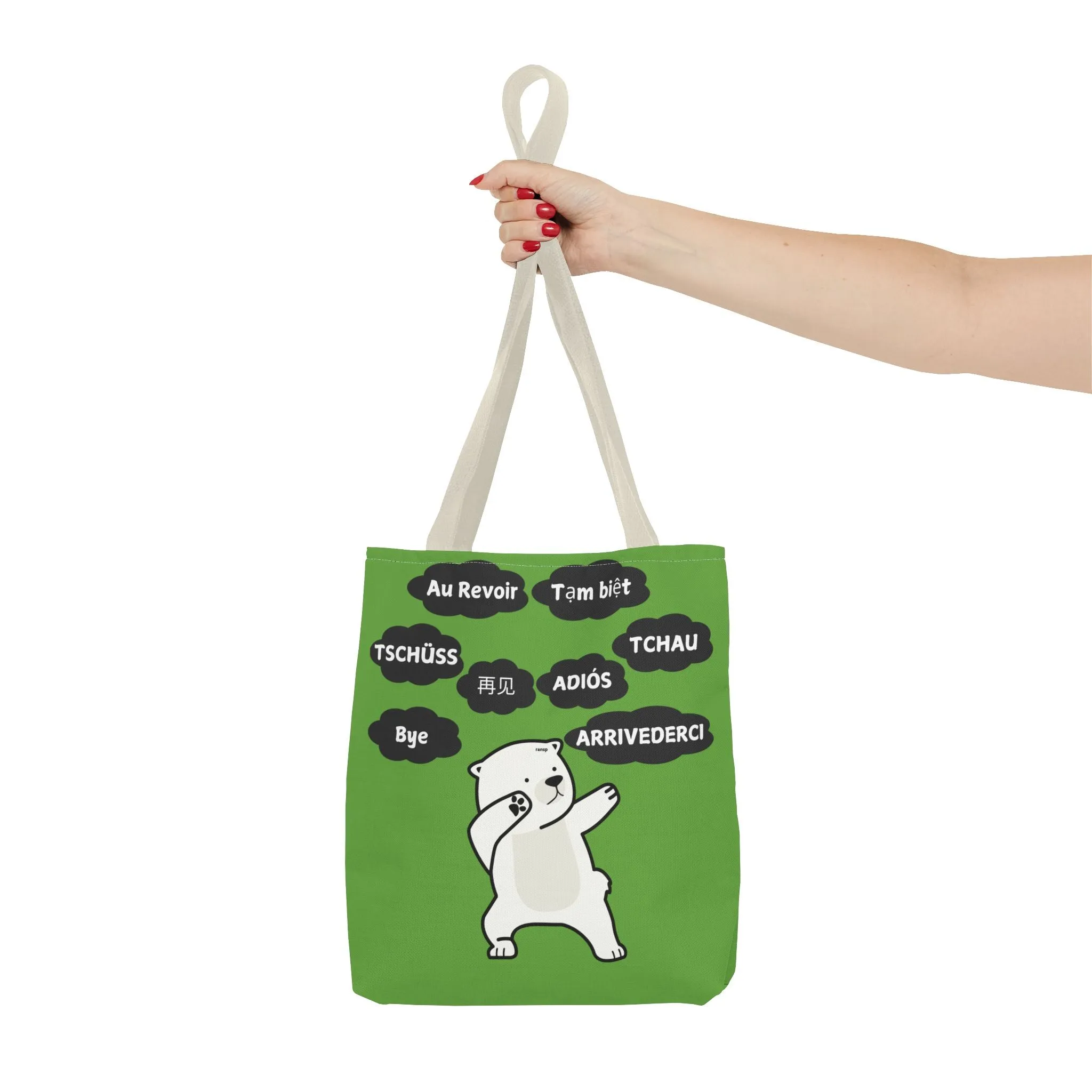 Green Multilingual Farewell Tote Bag with Dancing Bear Design- Perfect for Friendship Gifts, Bag for Shopping, Everyday Shopping bag