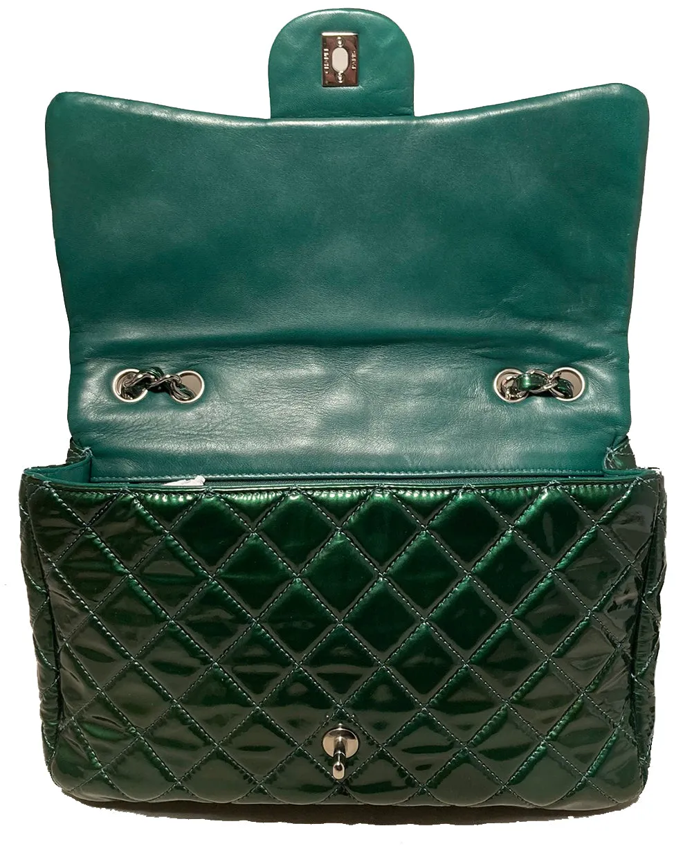 Green Smart-enabled Chanel RARE Stable Classic Flap Leather Patent Metallic Jumbo