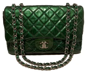 Green Smart-enabled Chanel RARE Stable Classic Flap Leather Patent Metallic Jumbo