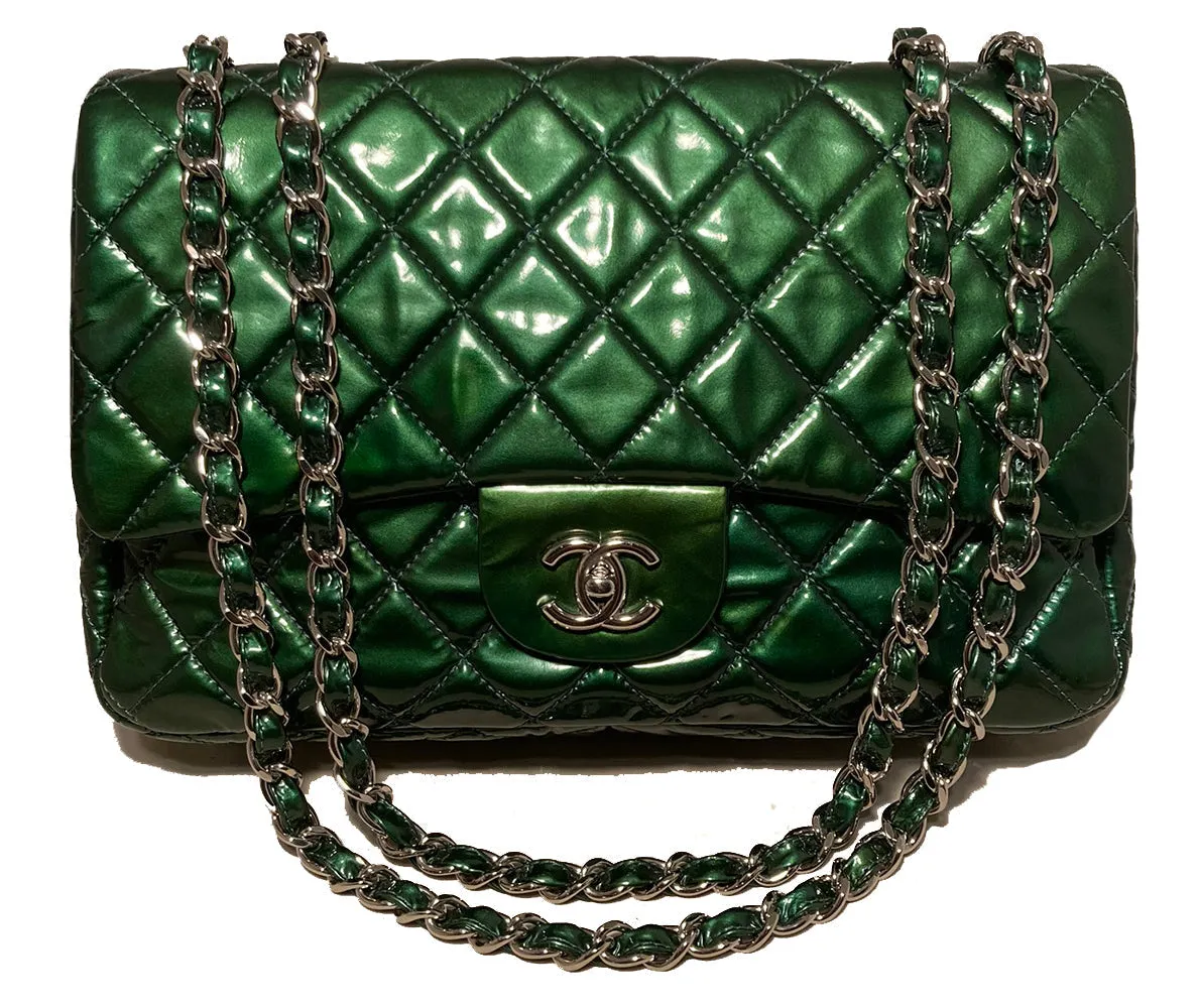 Green Smart-enabled Chanel RARE Stable Classic Flap Leather Patent Metallic Jumbo