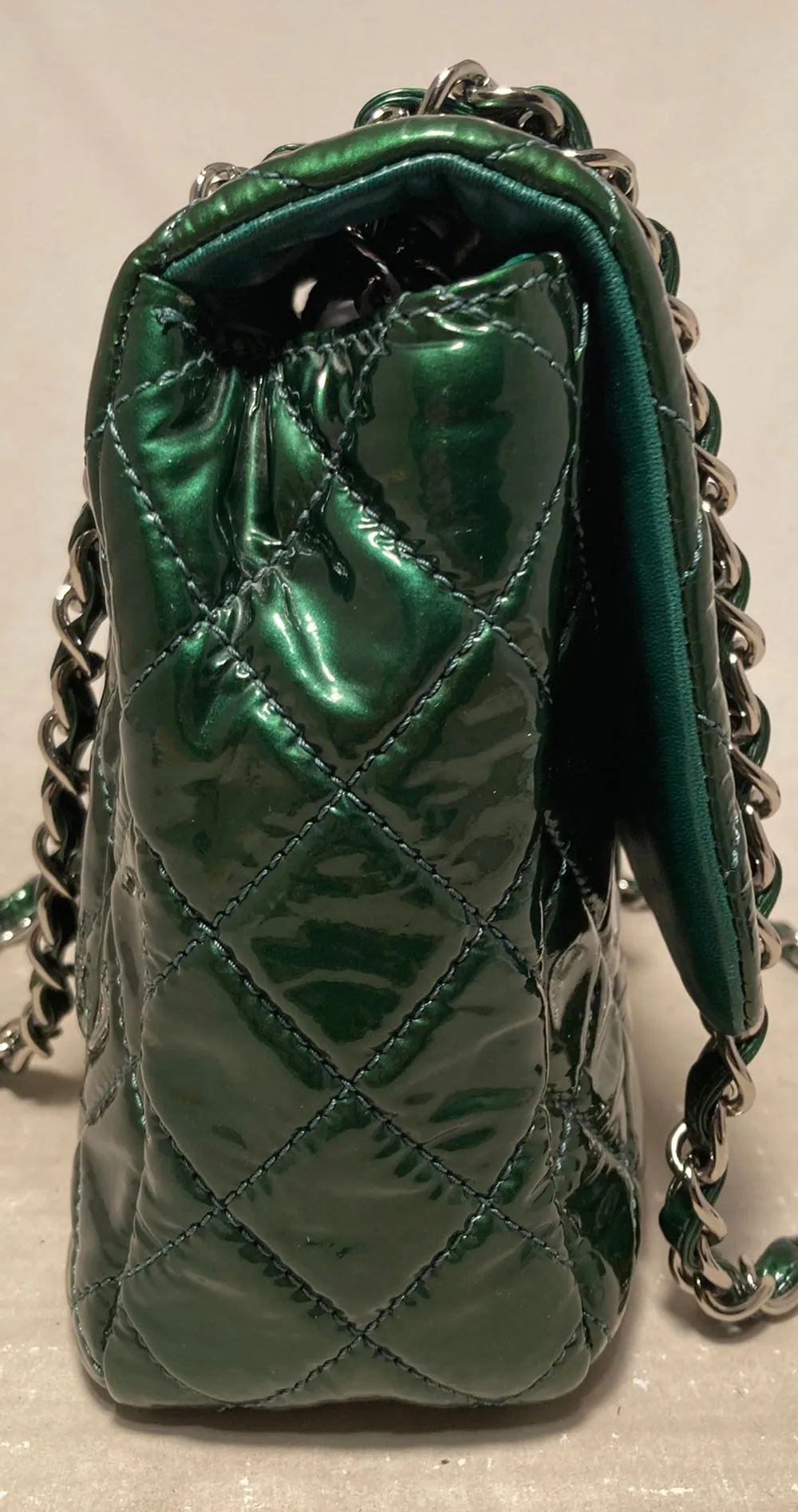 Green Smart-enabled Chanel RARE Stable Classic Flap Leather Patent Metallic Jumbo