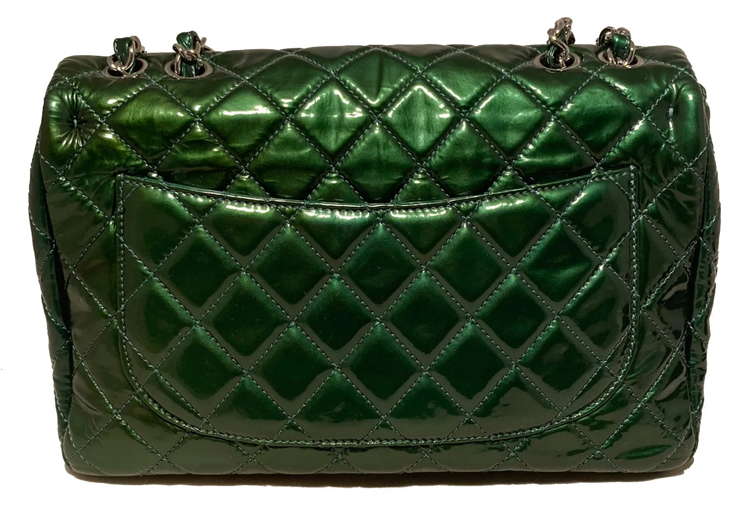 Green Smart-enabled Chanel RARE Stable Classic Flap Leather Patent Metallic Jumbo