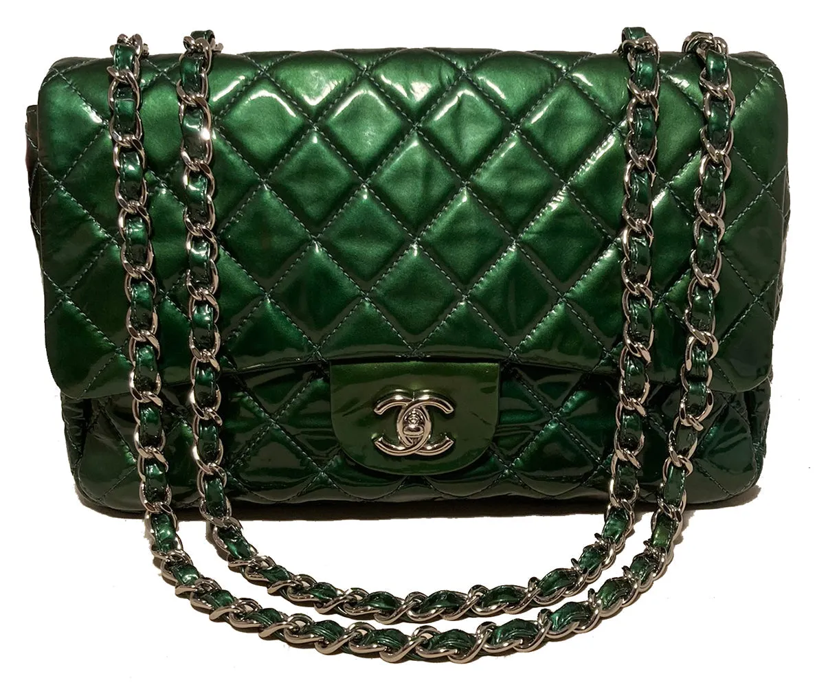 Green Smart-enabled Chanel RARE Stable Classic Flap Leather Patent Metallic Jumbo
