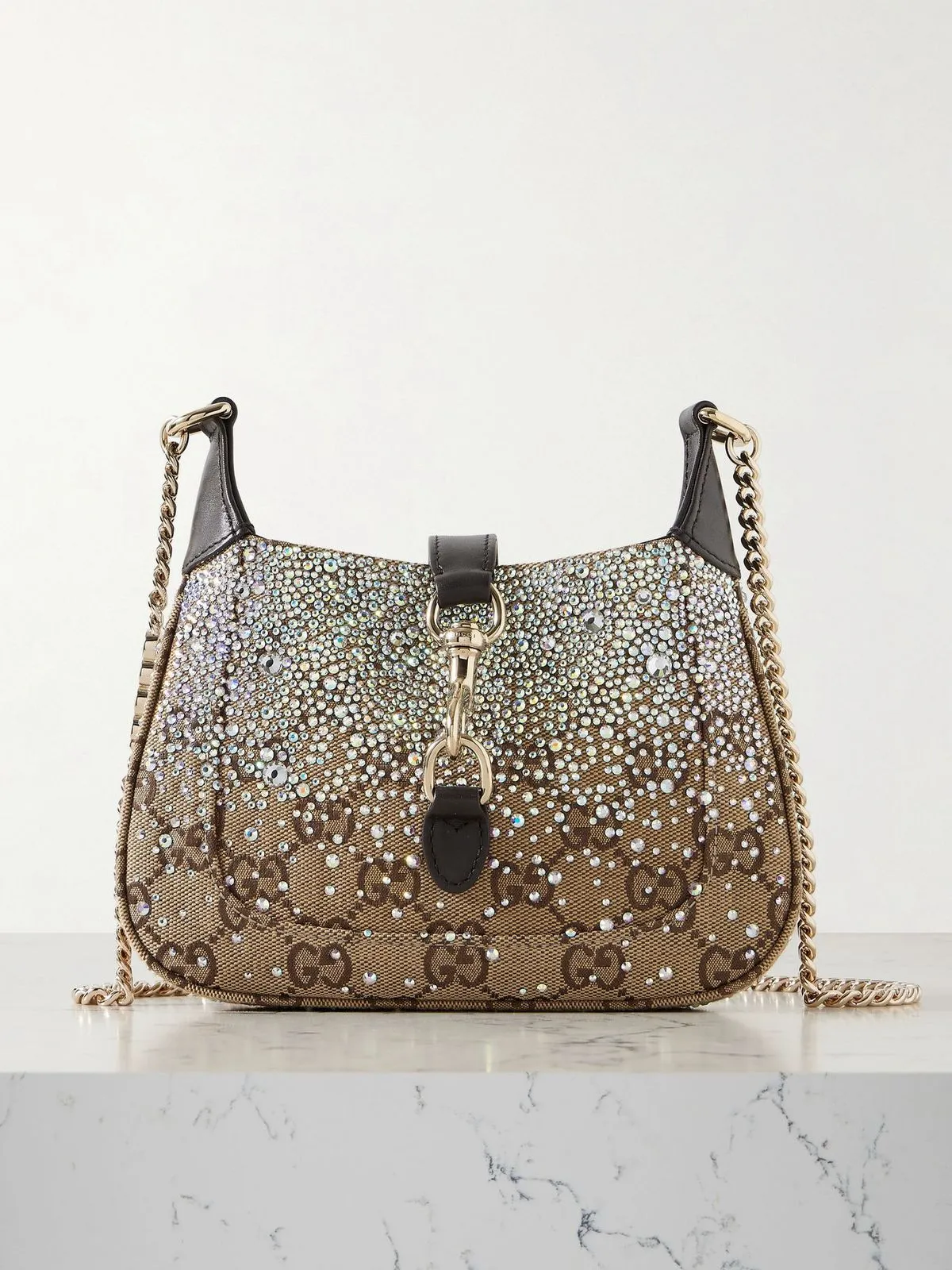 GUCCI JACKIE NOTTE TRIMMED CRYSTAL EMBELLISHED SMALL SHOULDER BAG