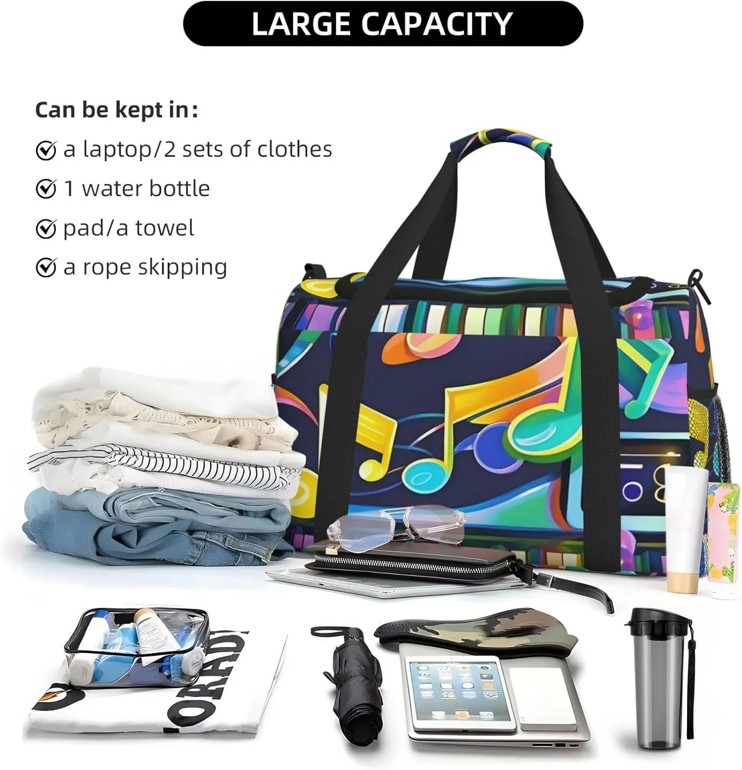Gym Bag Colorful Piano Keyboard Music Note Duffel Bag for Men Women Travel Overnight Bag with Shoe Compartment Workout Bags