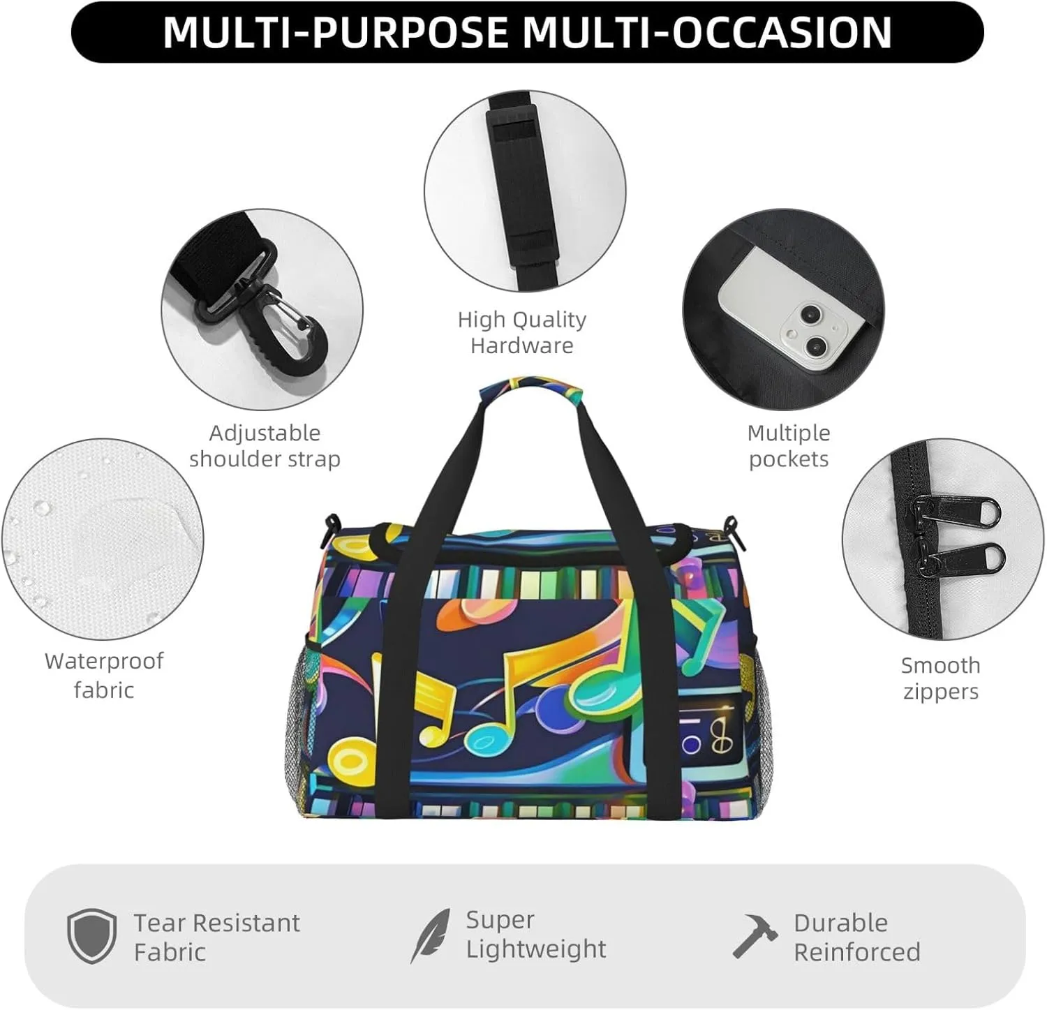 Gym Bag Colorful Piano Keyboard Music Note Duffel Bag for Men Women Travel Overnight Bag with Shoe Compartment Workout Bags