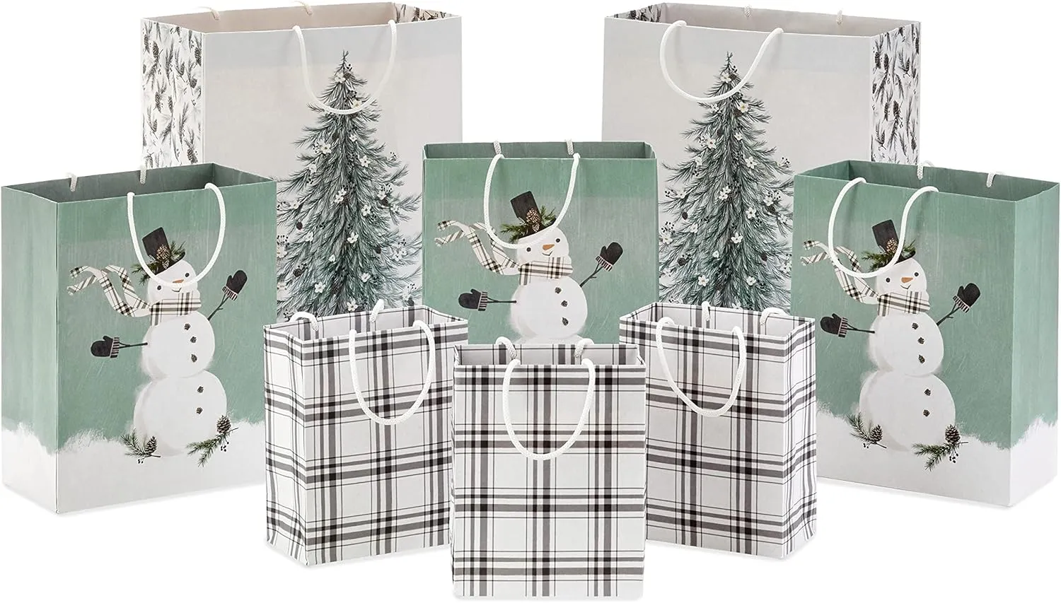 Hallmark Christmas Gift Bag Assortment (8 Bags: 3 Small 6", 3 Medium 9", 2 Large 13") White and Sage Green with Rustic Snowman, Plaid, Evergreen Tree for Christmas, Winter Weddings, Birthdays