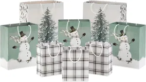 Hallmark Christmas Gift Bag Assortment (8 Bags: 3 Small 6", 3 Medium 9", 2 Large 13") White and Sage Green with Rustic Snowman, Plaid, Evergreen Tree for Christmas, Winter Weddings, Birthdays