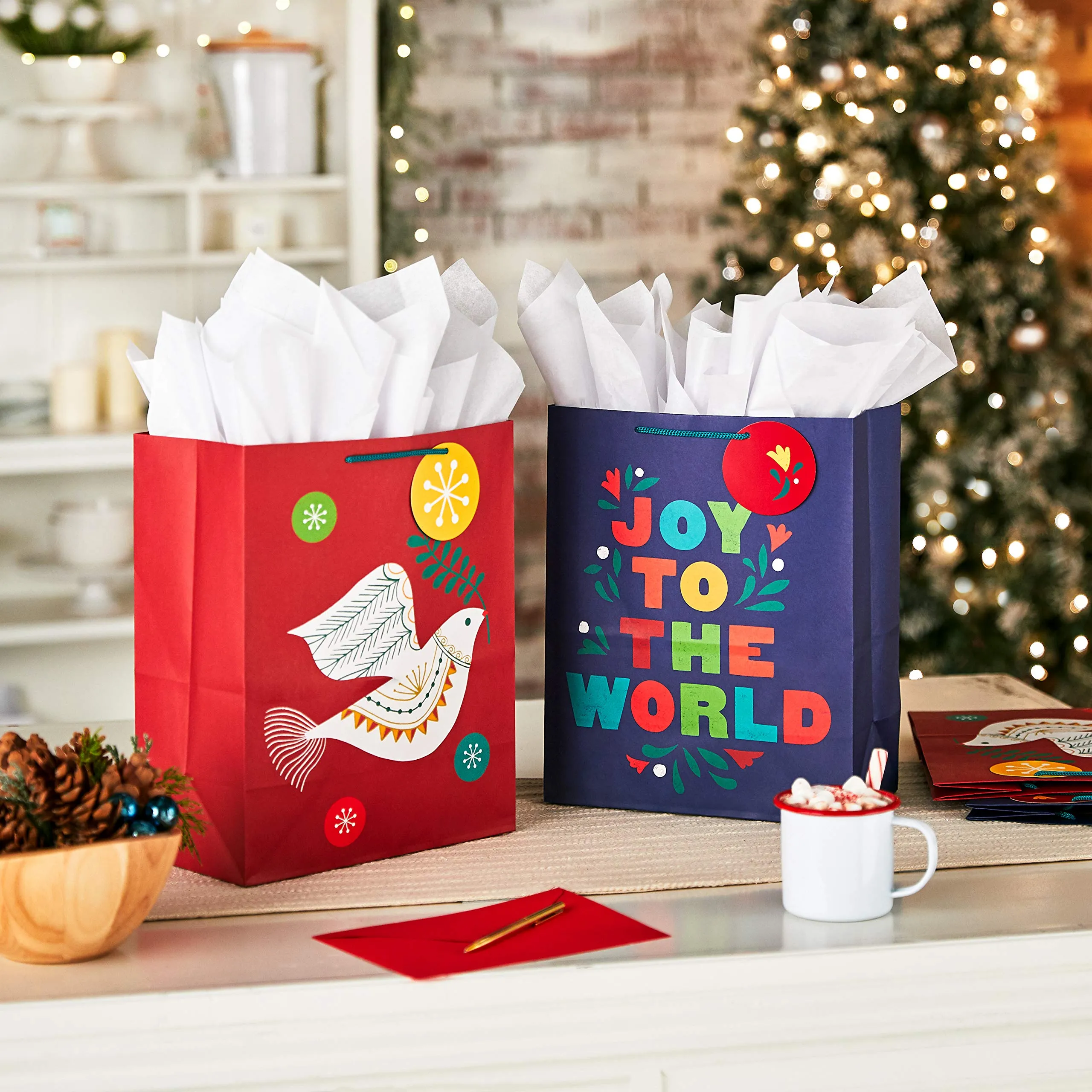 Hallmark Holiday Gift Bag Bundle (4 Large 13" Gift Bags, 2 Designs in Navy Blue, Dark Red, Orange, Green) Joy to the World, Peace Dove for Christmas, Hanukkah, Kwanzaa, Three Kings Day