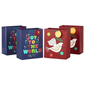 Hallmark Holiday Gift Bag Bundle (4 Large 13" Gift Bags, 2 Designs in Navy Blue, Dark Red, Orange, Green) Joy to the World, Peace Dove for Christmas, Hanukkah, Kwanzaa, Three Kings Day