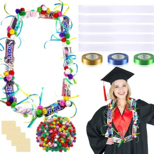 Hanaive Graduation Candy Lei Tubing Necklace Making Kit Include 50 Pcs 2 Inch Poly Tubing Lei Bags 197 ft 6 Rolls Gift Wrapping Ribbon 1 Pack Plush Poms 400 Glue Points for Graduation Party Supplies