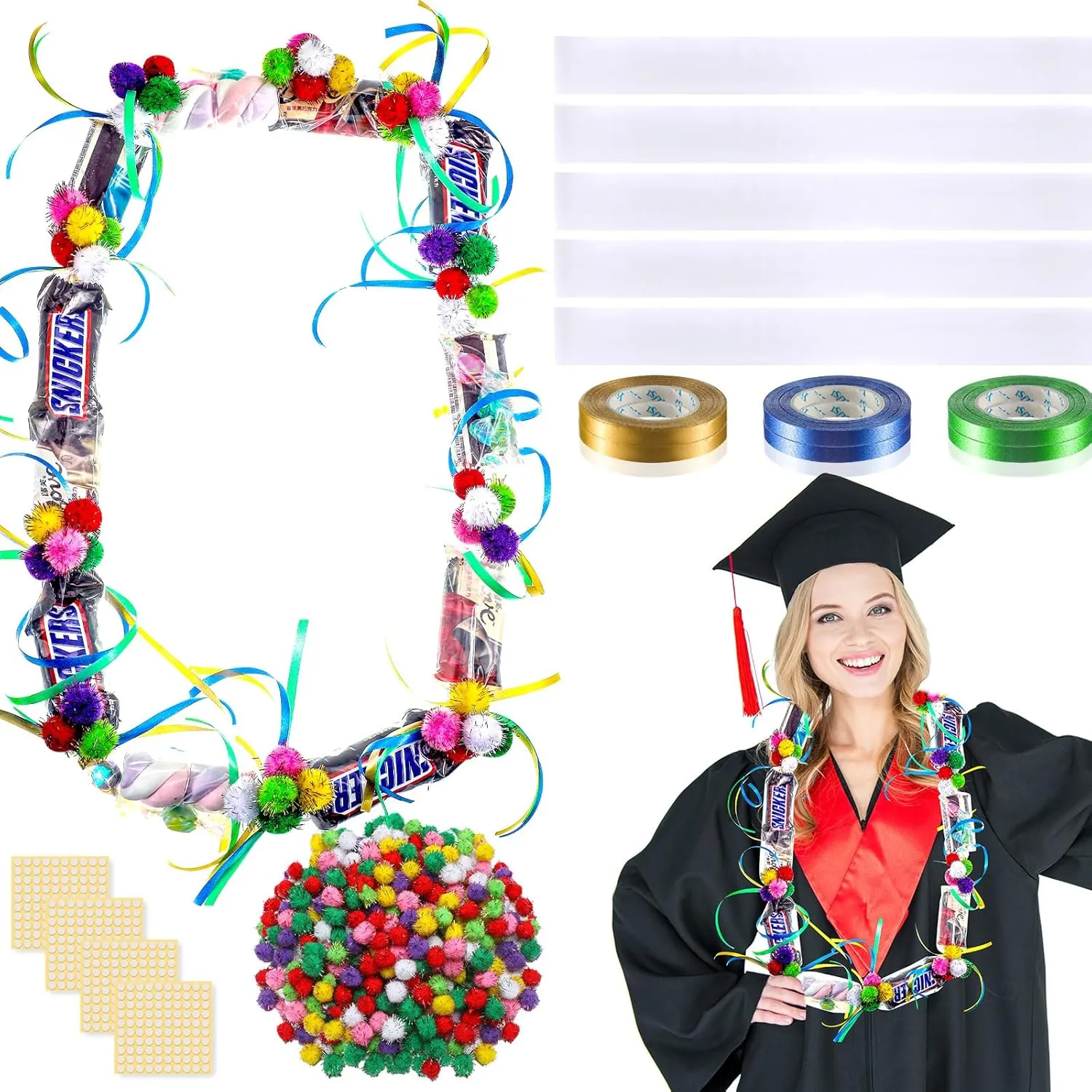 Hanaive Graduation Candy Lei Tubing Necklace Making Kit Include 50 Pcs 2 Inch Poly Tubing Lei Bags 197 ft 6 Rolls Gift Wrapping Ribbon 1 Pack Plush Poms 400 Glue Points for Graduation Party Supplies