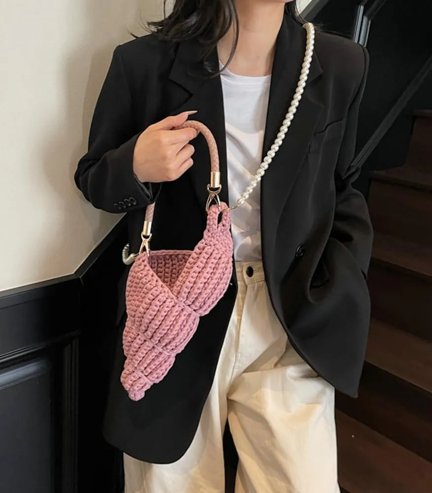 Handwoven Fashion Seashell Bag for Women Crochet Beach Bag Unique Boho Clutch with Pearl Strap Leather Handle 2025