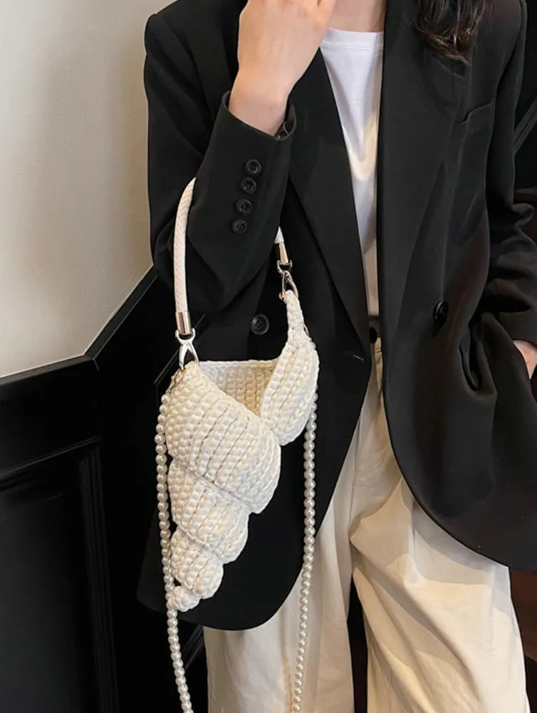 Handwoven Fashion Seashell Bag for Women Crochet Beach Bag Unique Boho Clutch with Pearl Strap Leather Handle 2025