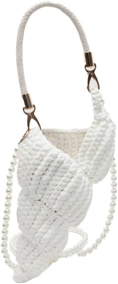 Handwoven Fashion Seashell Bag for Women Crochet Beach Bag Unique Boho Clutch with Pearl Strap Leather Handle 2025