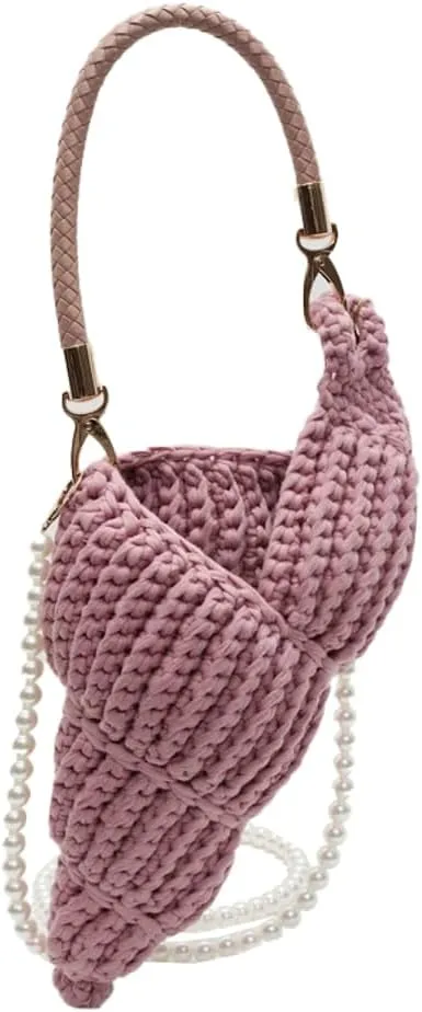 Handwoven Fashion Seashell Bag for Women Crochet Beach Bag Unique Boho Clutch with Pearl Strap Leather Handle 2025