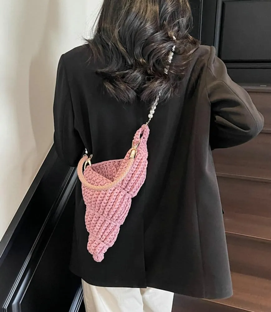 Handwoven Fashion Seashell Bag for Women Crochet Beach Bag Unique Boho Clutch with Pearl Strap Leather Handle 2025