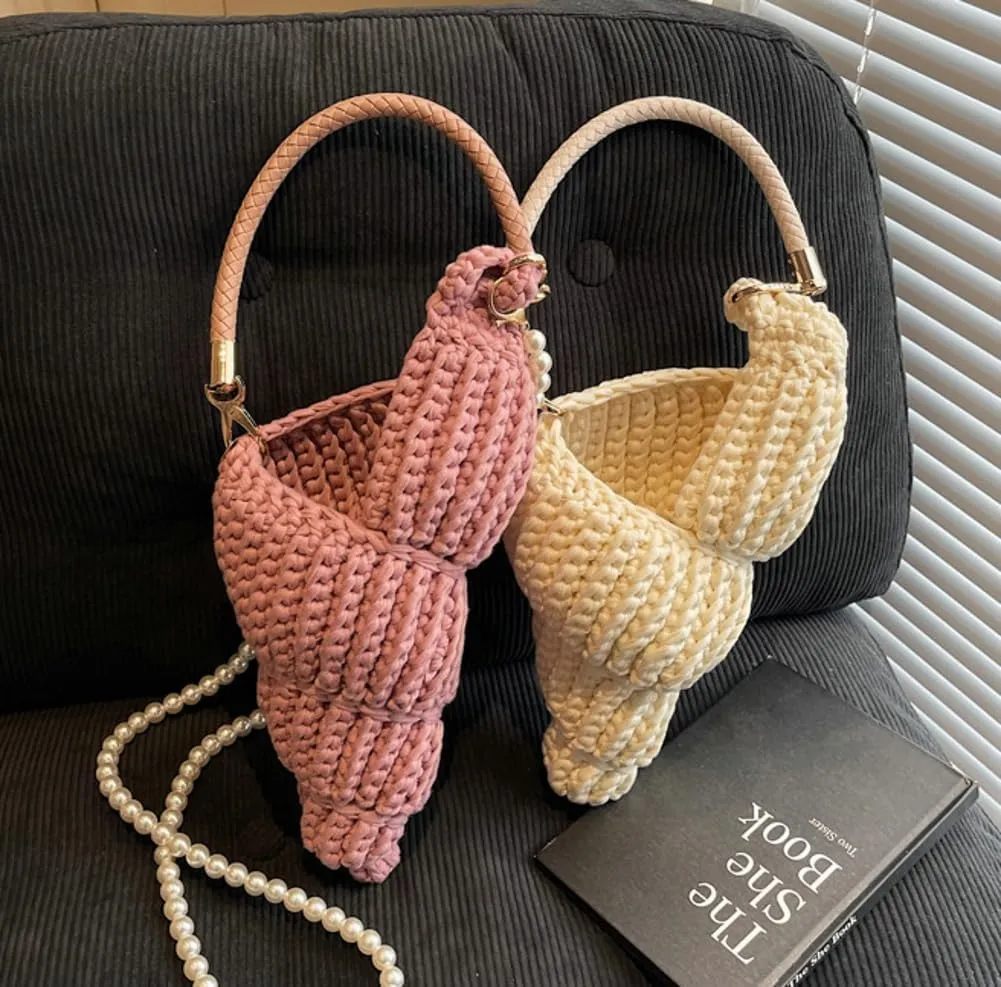 Handwoven Fashion Seashell Bag for Women Crochet Beach Bag Unique Boho Clutch with Pearl Strap Leather Handle 2025